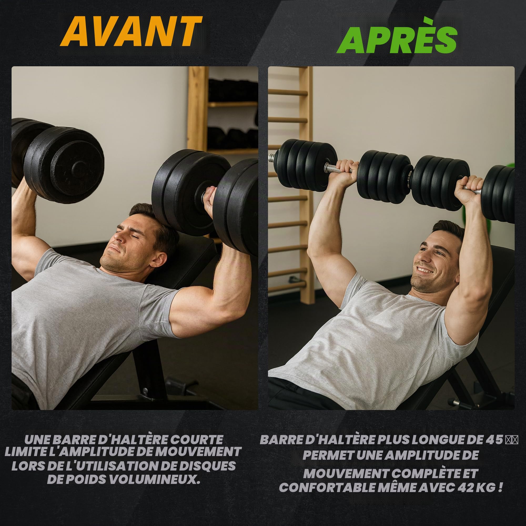 Barre d'haltères courte 45 cm chromée, poignée moletée antidérapante, 2 colliers étoiles – Tige filetée Ø 25-28 mm compatible disques fonte/caoutchouc – maison, curls, développé épaules