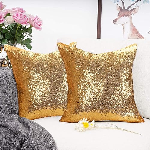ShinyBeauty Juego de 2 fundas de almohada de lentejuelas de 24 x 24 pulgadas, fundas de almohada de lentejuelas doradas claras, fundas de almohada