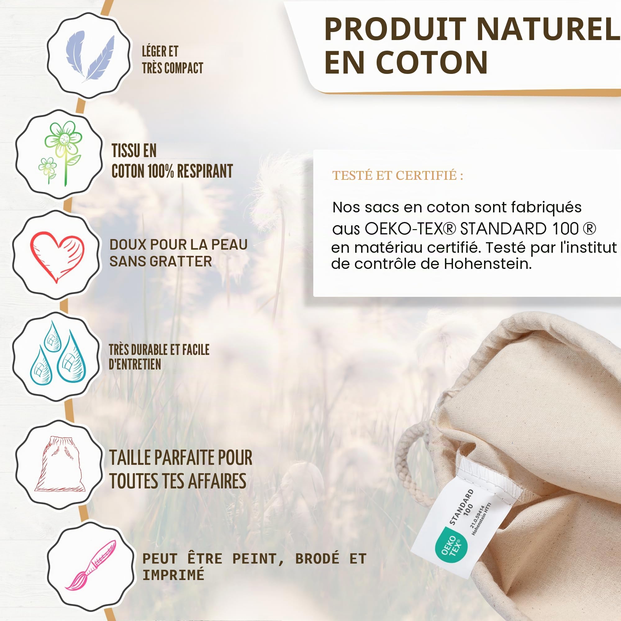 ELES VIDA Sacs de Gym en Coton Naturel, Sac de Sport Sac à Dos en Tissu Sac en Toile de Jute certifié Oeko-Tex