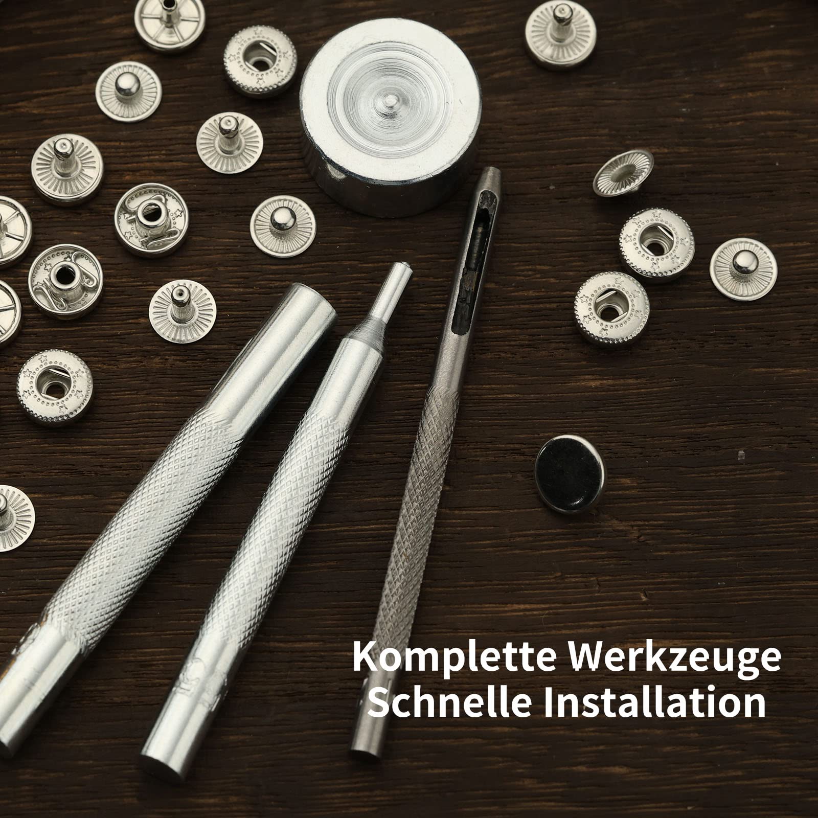 BetterJonny - Set di 200 bottoni automatici in metallo, 15 mm, in acciaio inox, senza cuciture, con 4 strumenti di fissaggio, pinza per giacche in pelle, jeans (argento