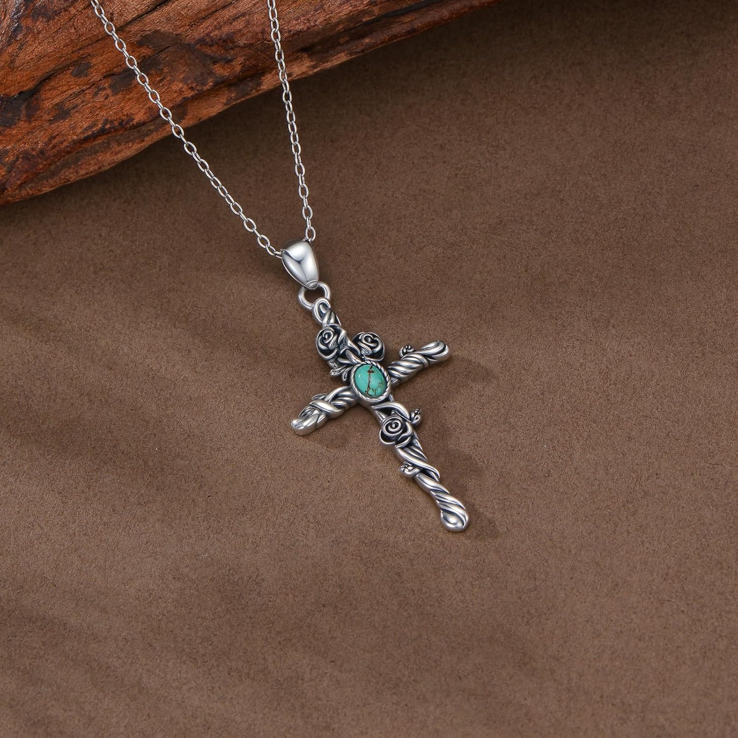 Genuine Turquoise Cross Necklace for Women 925 Sterling Silver Natural Turquoise Rose Flower Cross Pendant Boho Vintage Western Jewelry Gifts - Image 4