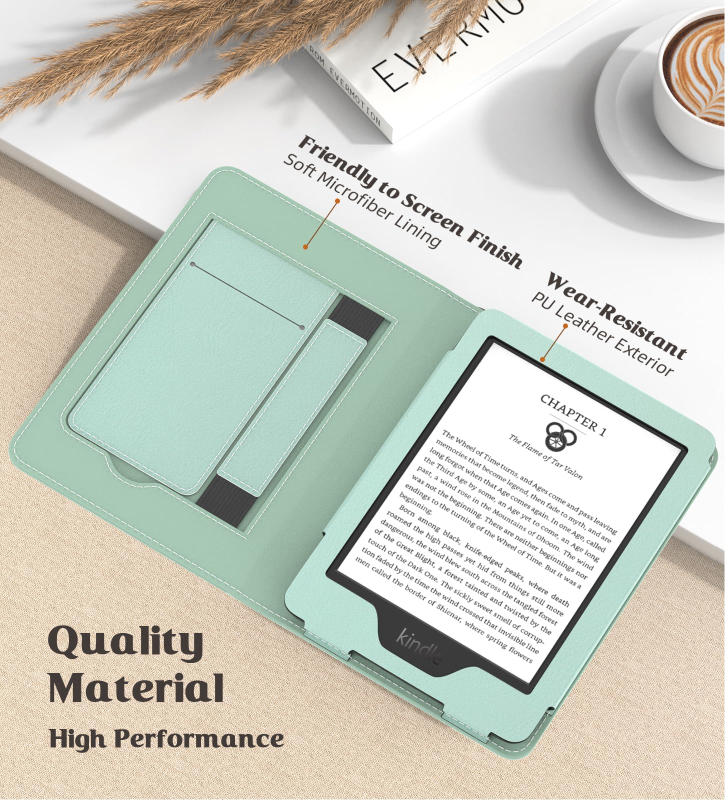 MoKo Funda para 6" Nuevo Kindle (11ª Generación 2024/2022) & Versión Internacional, PU Estuche Soporte de Mano Niño Auto Sueño/Estela para Kindle 2024 6 Pulgadas Edición de Firma, Agave Verde