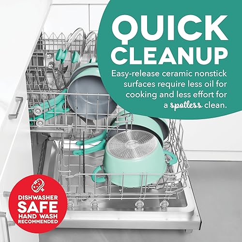 Miniatura 6 de DASH Dream Green - Juego de utensilios de cocina de cerámica antiadherente, 15 piezas, color verde aguamarina, aluminio reciclado y cerámica, juego