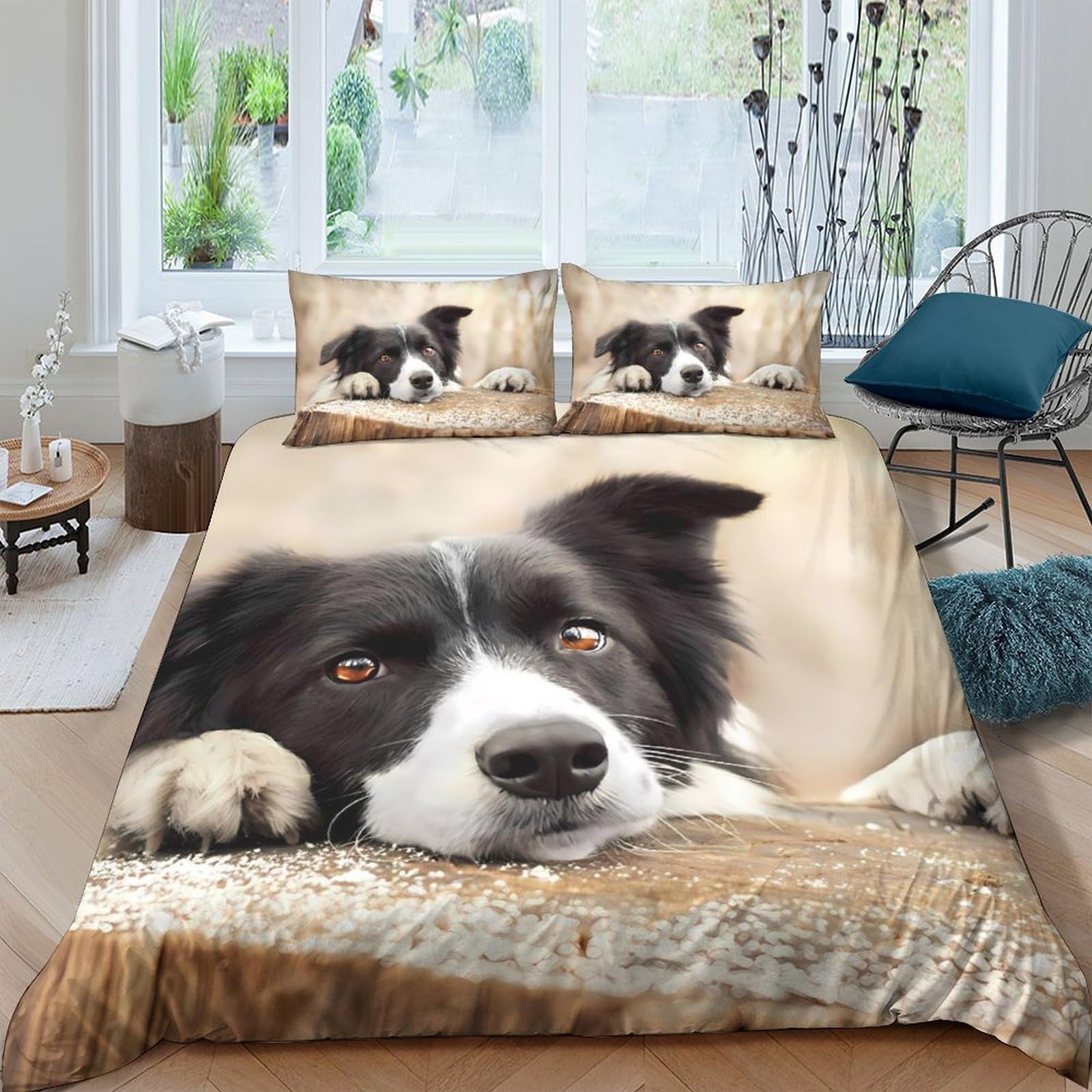 GPLZQXKJNH 3D Printed Border Collie Dog Duvet Cover Microfiber Soft Breathable Animal Bedding Set with 2 Pillowcases for Bedroom Decor Single（135x200cm）