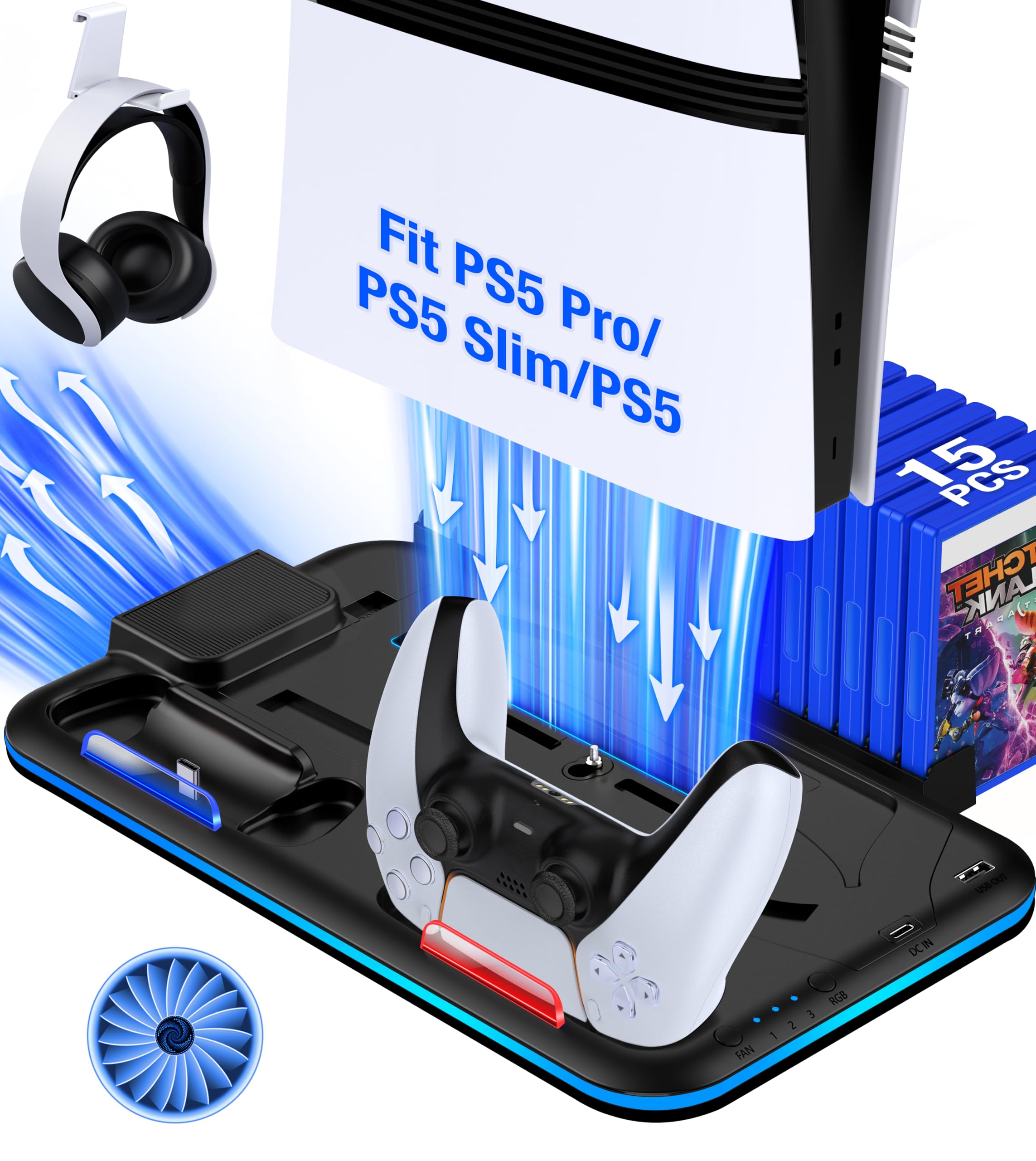Kawaye PS5 Slim Pro Stand and Cooling Station for PlayStation 5 Consoles PS5 Pro Slim Accessories with 3-Level