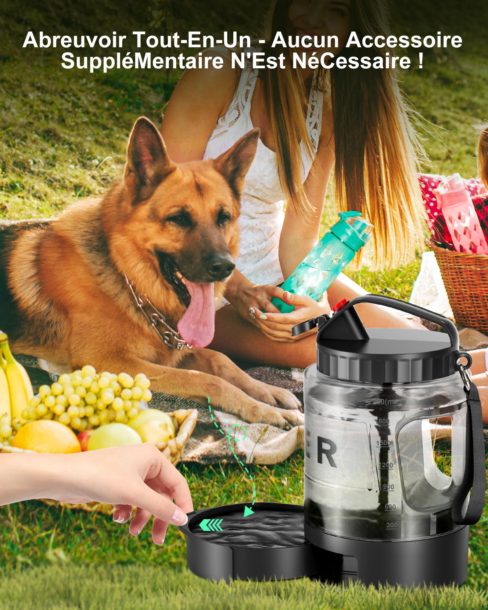 lesotc 2200ml Gourde Chien Promenade, Bouteille d'eau Portable pour Chien, Prévention des Fuites d'eau, Convient pour l'Extérieur, Les Voyages, La Marche, Le Camping Et d'autres Scènes（Noir）