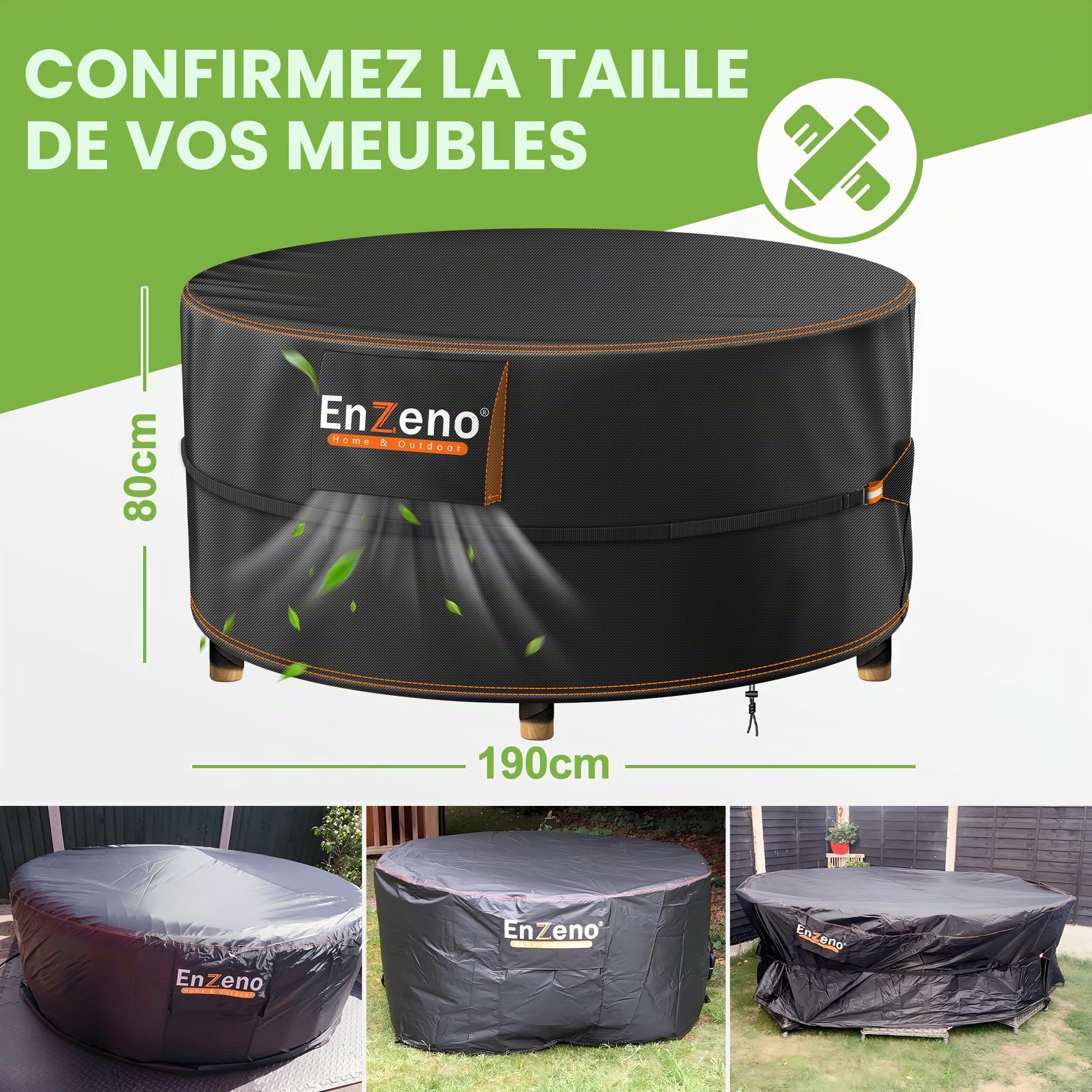 Enzeno Housse imperméable pour Meubles de Jardin,Housse de Table Ronde avec aérations,Housse de Table Ronde en Tissu Oxford 420D, Anti-UV, indéchirable (190x80 cm)