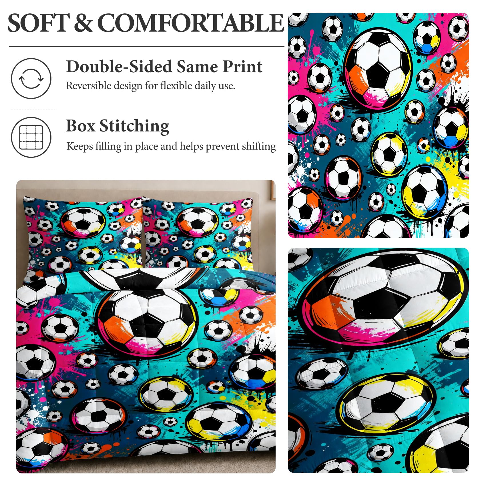 Generisch Fußball Bettdecke 135x200, Sport Thema Ganzjahresdecke | Wende Bunt Graffiti 4 Jahreszeiten Bettdecke ohne Bezug, Mikrofaser Steppdecke mit 2 Kissenbezügen 80x80, Waschbar, kL117a