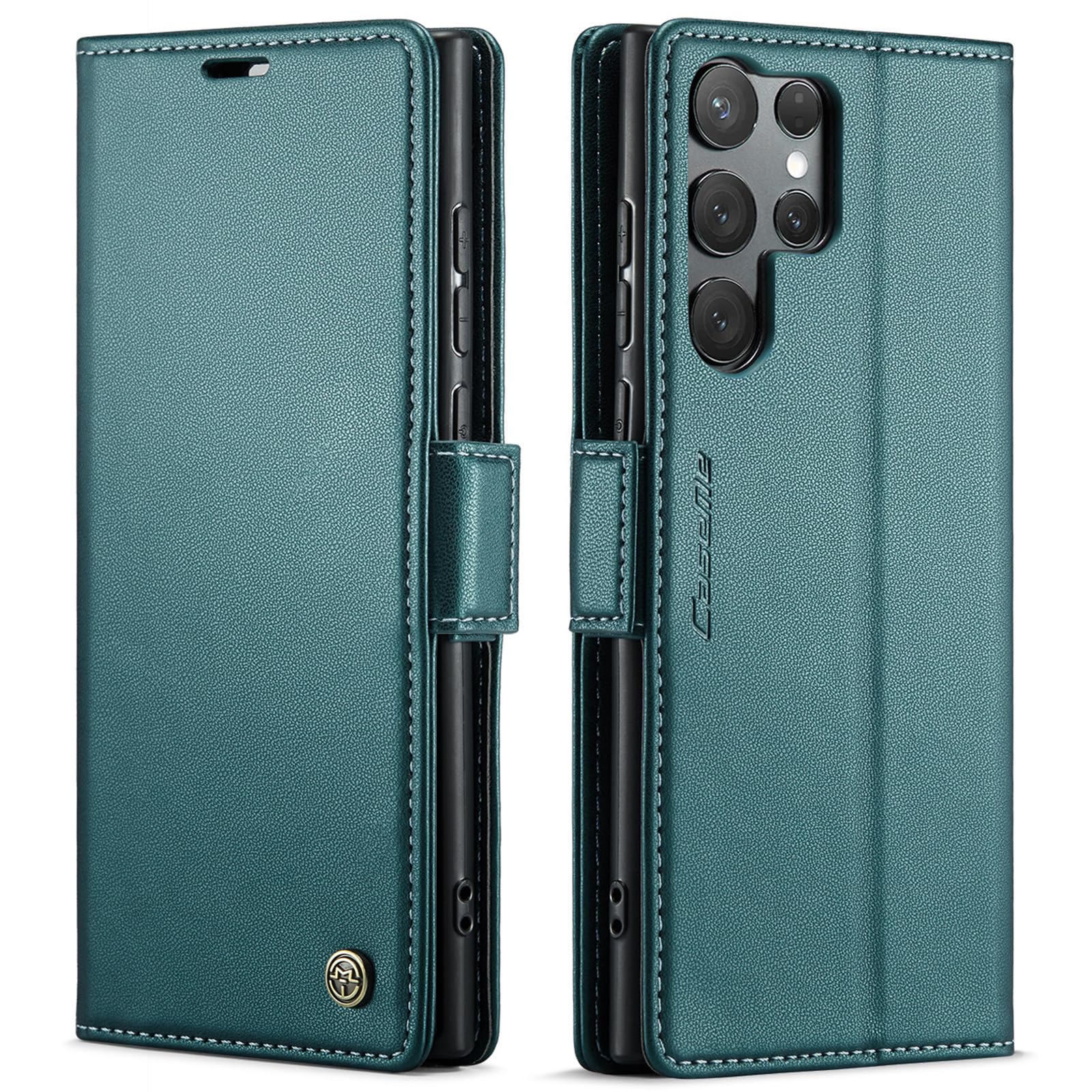 Housse Samsung S25 Ultra en cuir premium vert, étui clapet haute finition