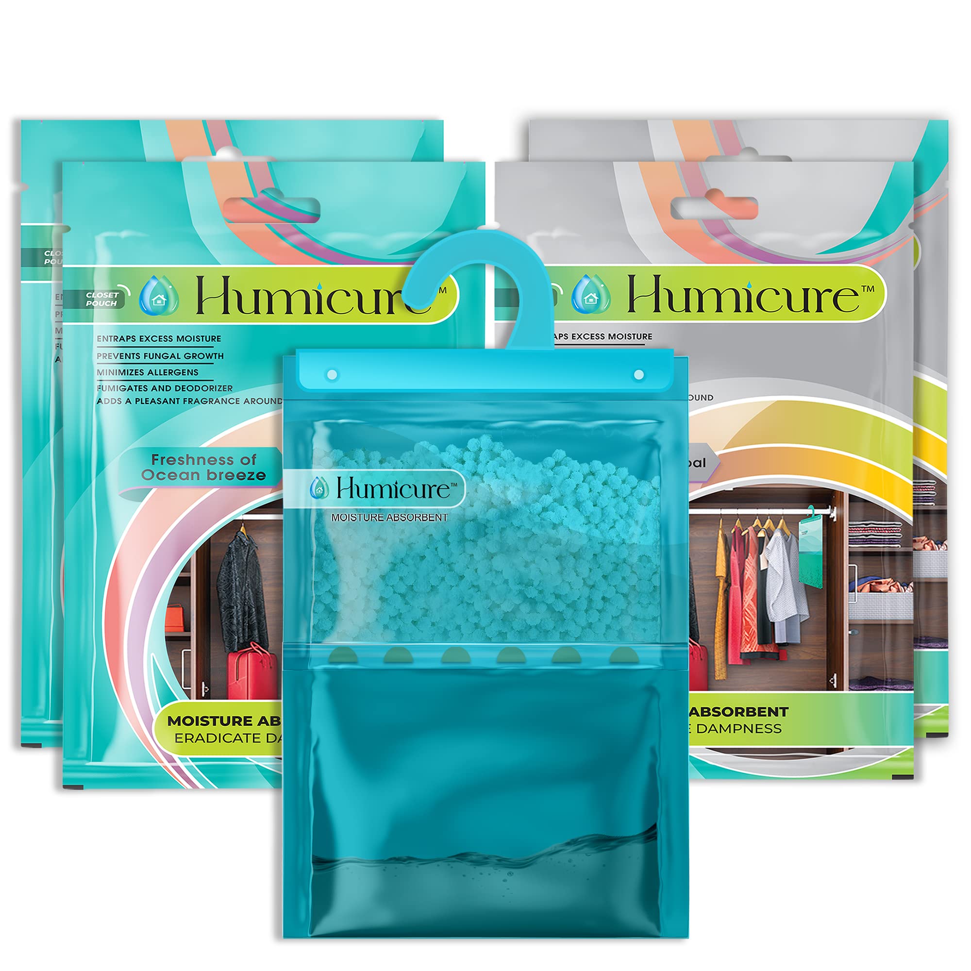 Humicure Moisture Absorber Dehumidifier Hanging Bags with 1 Litre Absorption Capacity for Wardrobe, Bathroom, Kitchen and Bedroom; Prevents Mould & Fungus (Pack of 4, 400gram each, Charcoal & Ocean)