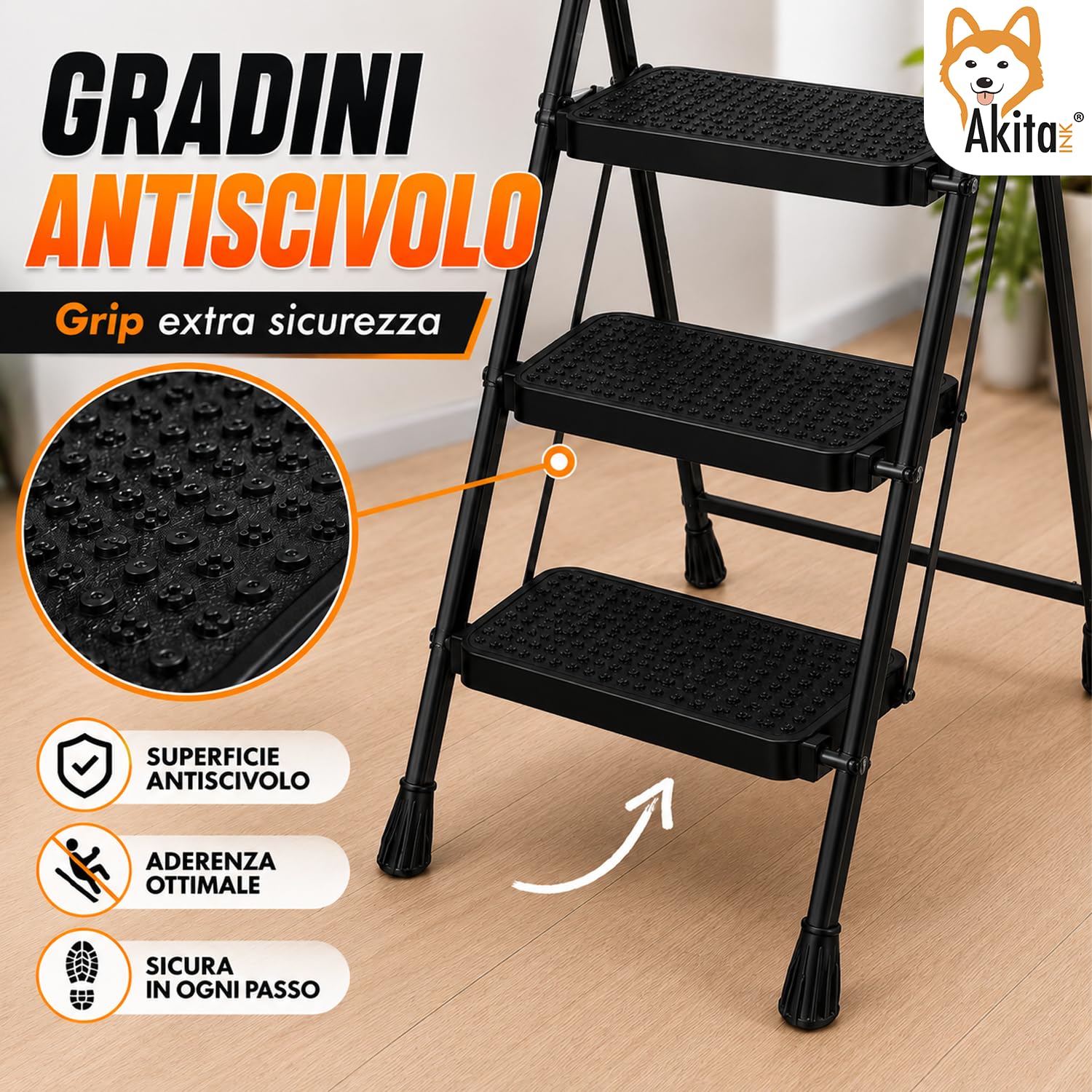 AkitaInk Scala Pieghevole in Acciaio 3 Gradini Nero | Scaletta Pieghevole, Piedini Antiscivolo, Impugnatura in Spugna, Certificata EN14183