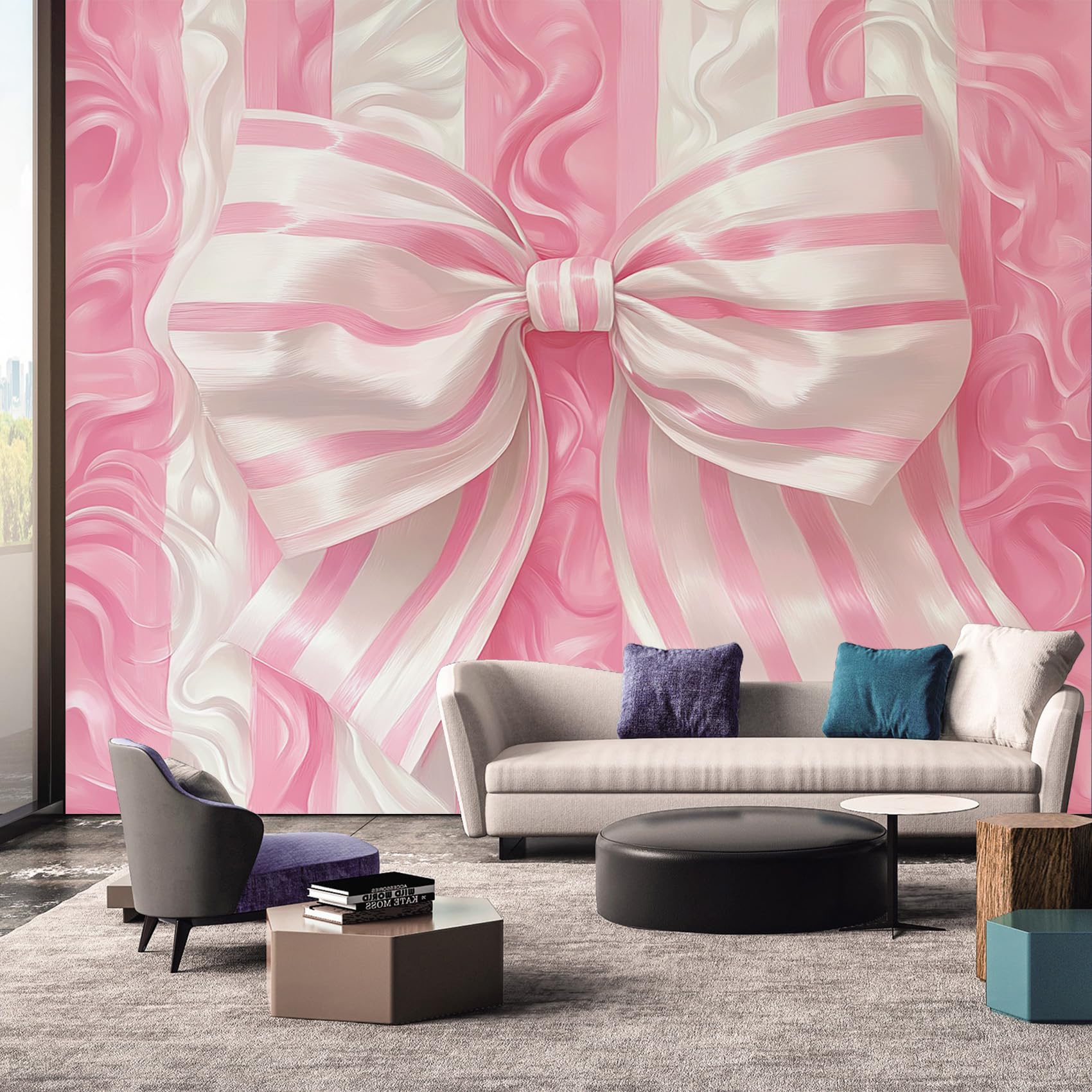 Girls Bow Wallpaper Mural, Pink 3D Effect Wall Mural, Non-woven Print Photo Wallpaper for Bedroom Living Room Decor 400x280 cm UOp96