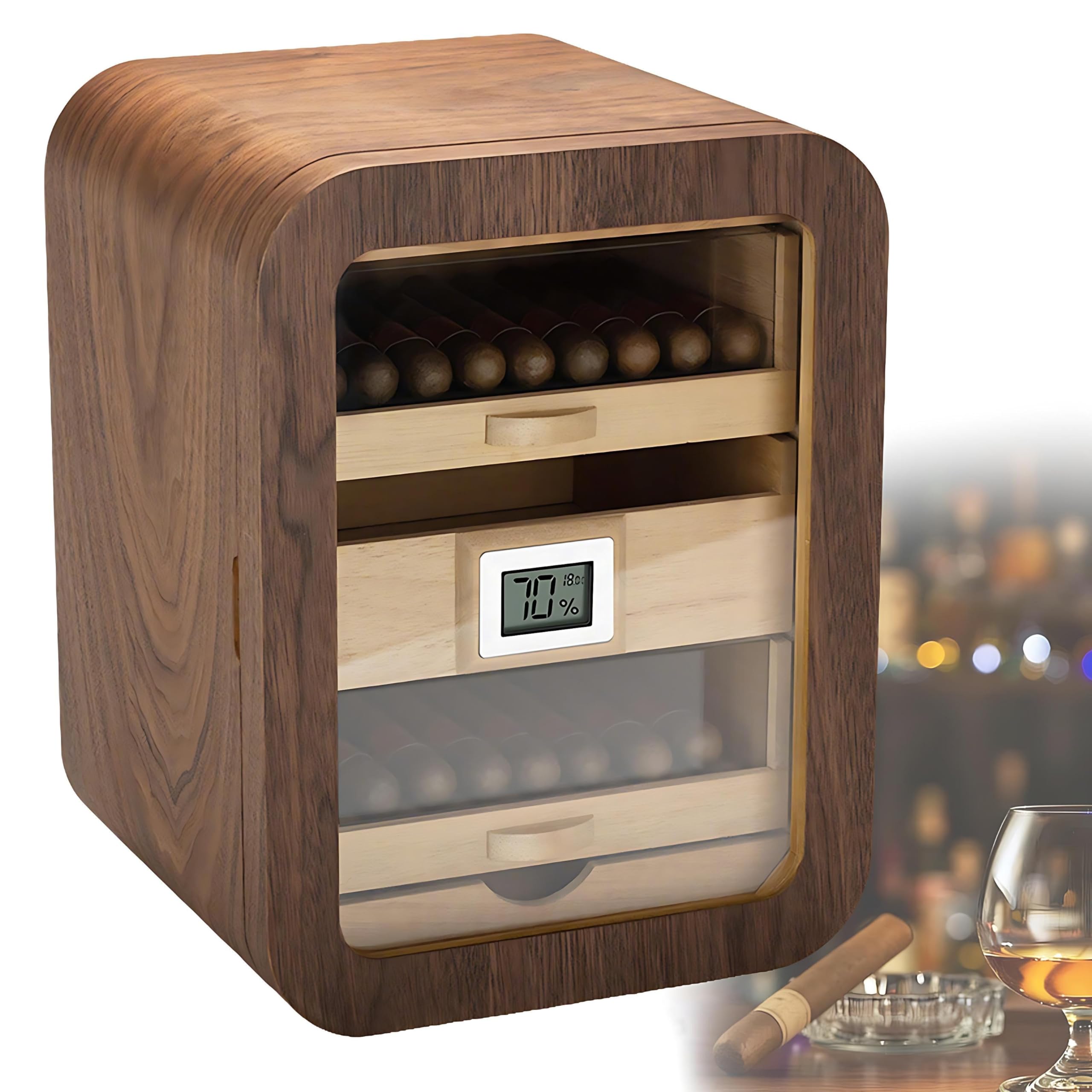 Humidor Na 110 Cygar, Szafka Na Cygara, Przechowywanie Cygar, Konstrukcja Z Czystego Drewna, Szyba O Wysokiej Przejrzystości, Warstwowa Konstrukcja, Do Użytku Domowego Noskylight-Walnutwood