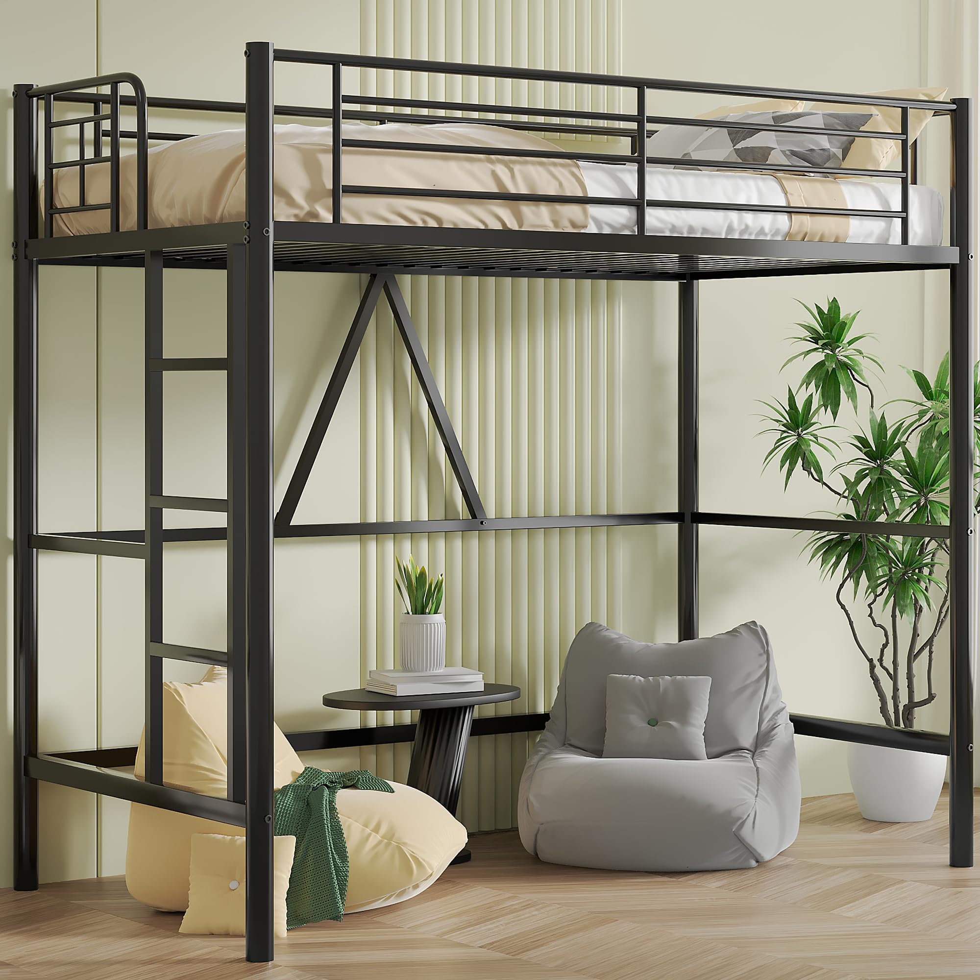 VECELO High Sleeper Bed, Single Metal Loft Bed 90×190cm with Removable Ladder & Safety Guardrail, Sturdy Frame, Space-Saving Design, Quiet, No Box Spring Required