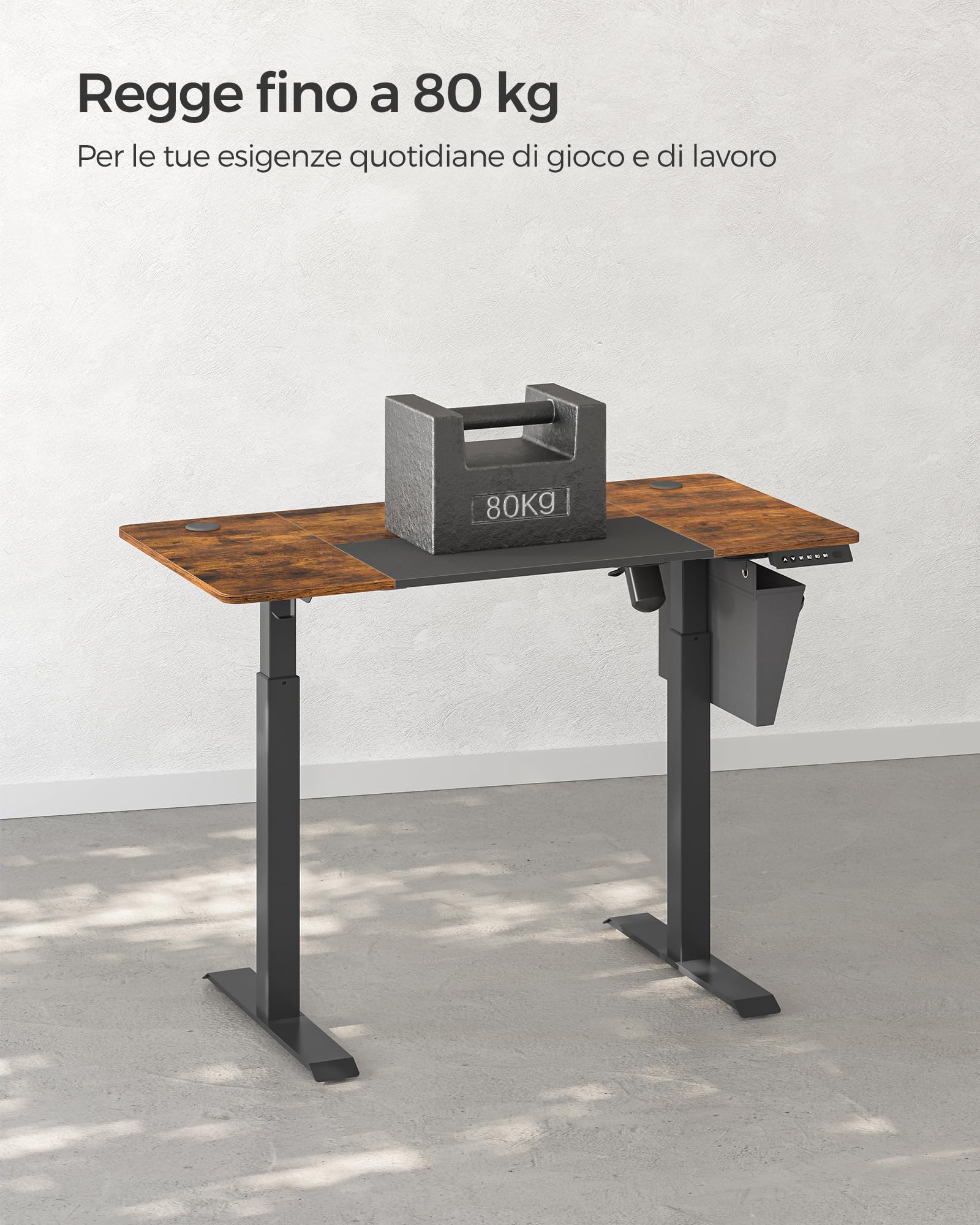SONGMICS Scrivania Regolabile in Altezza Elettrica, 120 x 60 cm, Scrivania Elettrica, Tavolo con Memoria per 4 Altezze, per Ufficio, Marrone Vintage e Nero Opaco LSD015X01