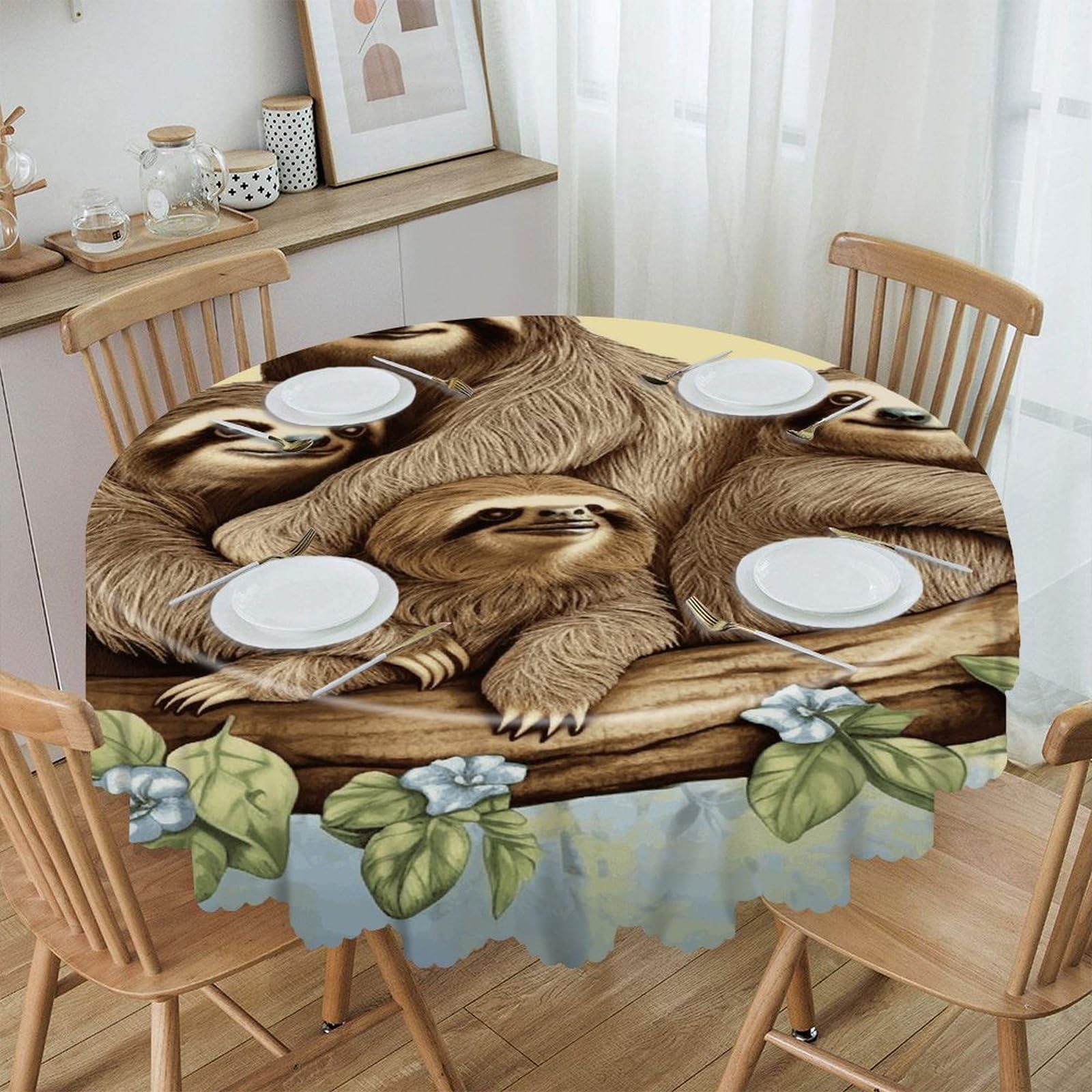 VstaDank Sloth Family Round Tablecloth Premium Polyester Table Cloth Heavy Duty Washable Fabric Tablecloth Waterproof Holiday Table Cover Decorative Tablecloths for Dining 60"