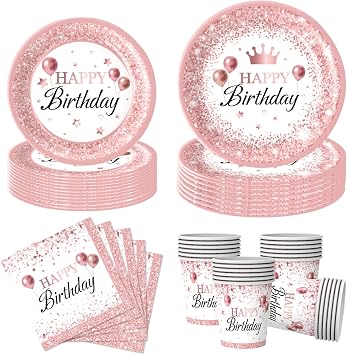 Pack of 80 Rose Gold Party Tableware Happy Birthday Rose Gold Party Plates and Napkins Cups Men Women Parties Wedding Birthday Party Decorations for 20 Guests