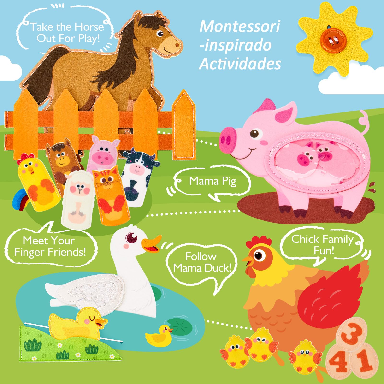 hahaland Libro Montessori 1 año - Busy Board Montessori Juguetes Interactivo Niños 1 2 3 año - Busy Book Fieltro Paneles Educativos Regalo para Niño Niña