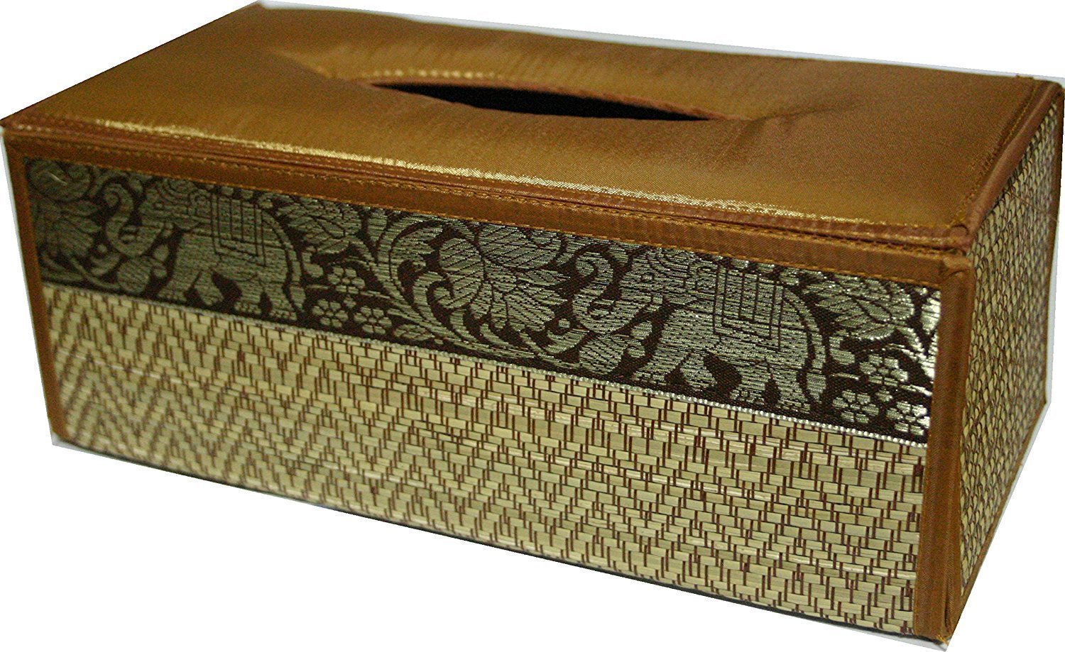 Topmost N-9001, Handmade Thai Woven Straw Reed Rectangular Tissue Box Cover with Silk Elephant Design 5x3.7x10.2 Inch, Gold