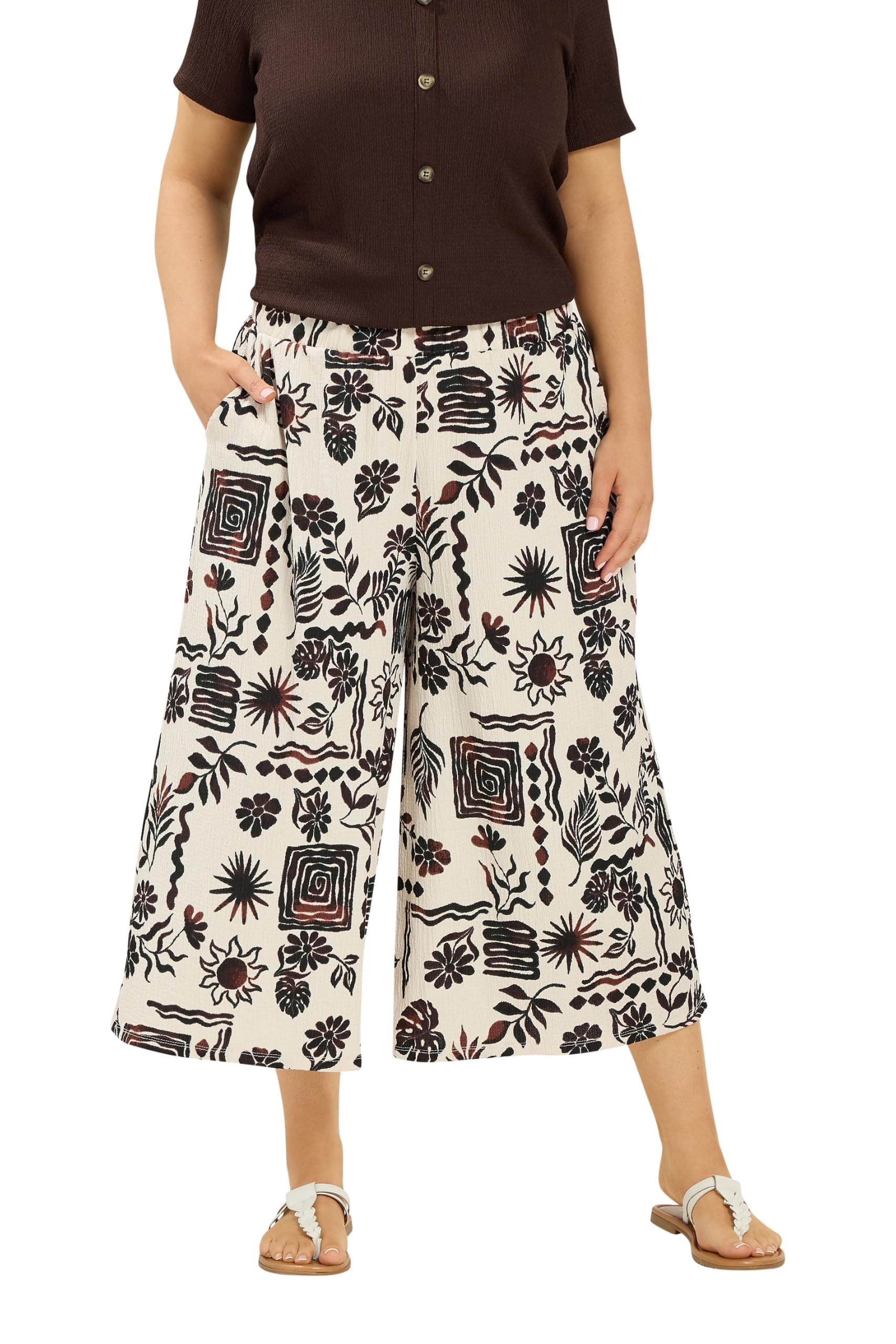 Yours Women's Natural Sun Print Culottes In | Size: 30/32