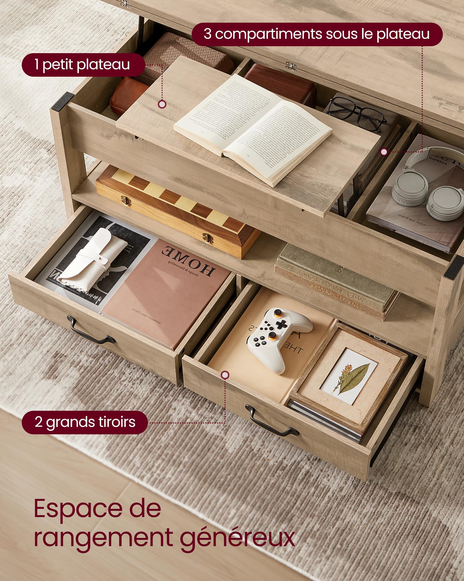VASAGLE Table Basse, Table de Salon Relevable, Vérin à Gaz, 2 Tiroirs et 3 Compartiments sous Le Plateau, 1 Compartiment Ouvert, pour Salon, Bureau, Marron Camel LCT254L01