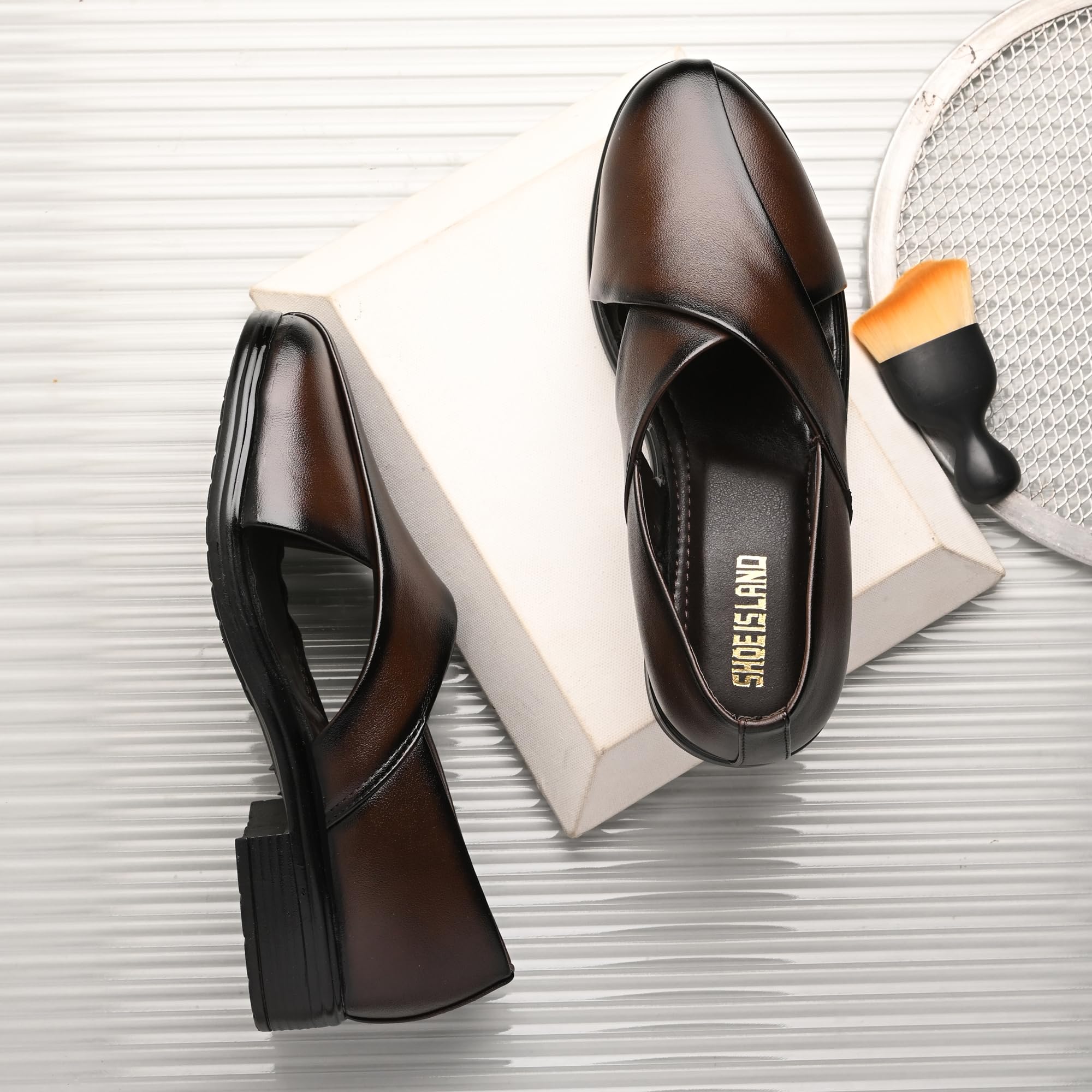 Elegant Black Leatherette Slip-On Back Strap Ethnic Party Casual Roman Sandals for Men-image-36