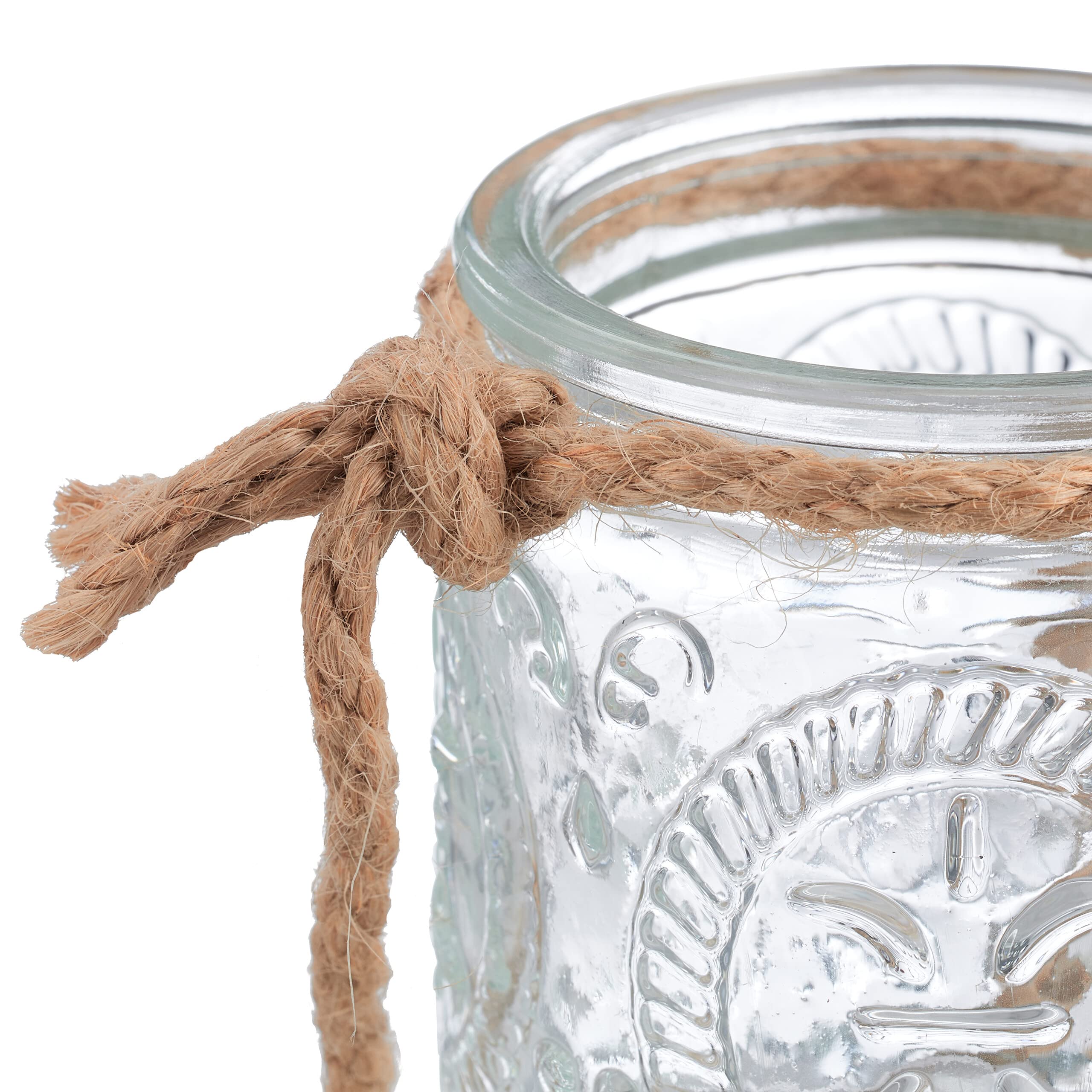 Relaxdays Vasetti Portacandele, Set da 12, Vasi in Vetro, Manico con Corda di Canapa, HxD 7 x 6 cm, Trasparente Marrone