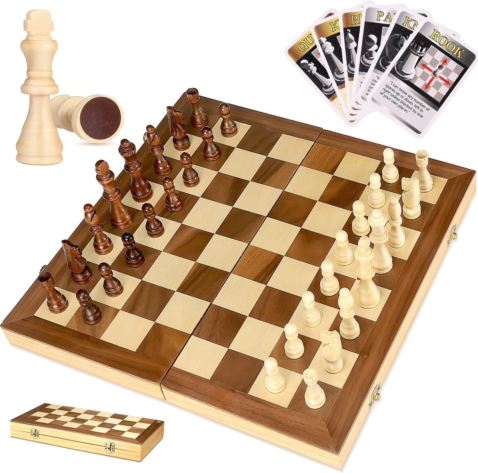 iBaseToy Folding Wooden Chess Set with 60 Game Rules Cards for Adults Kids Beginners Large Chess Board - 15" x 15" Foldable Board