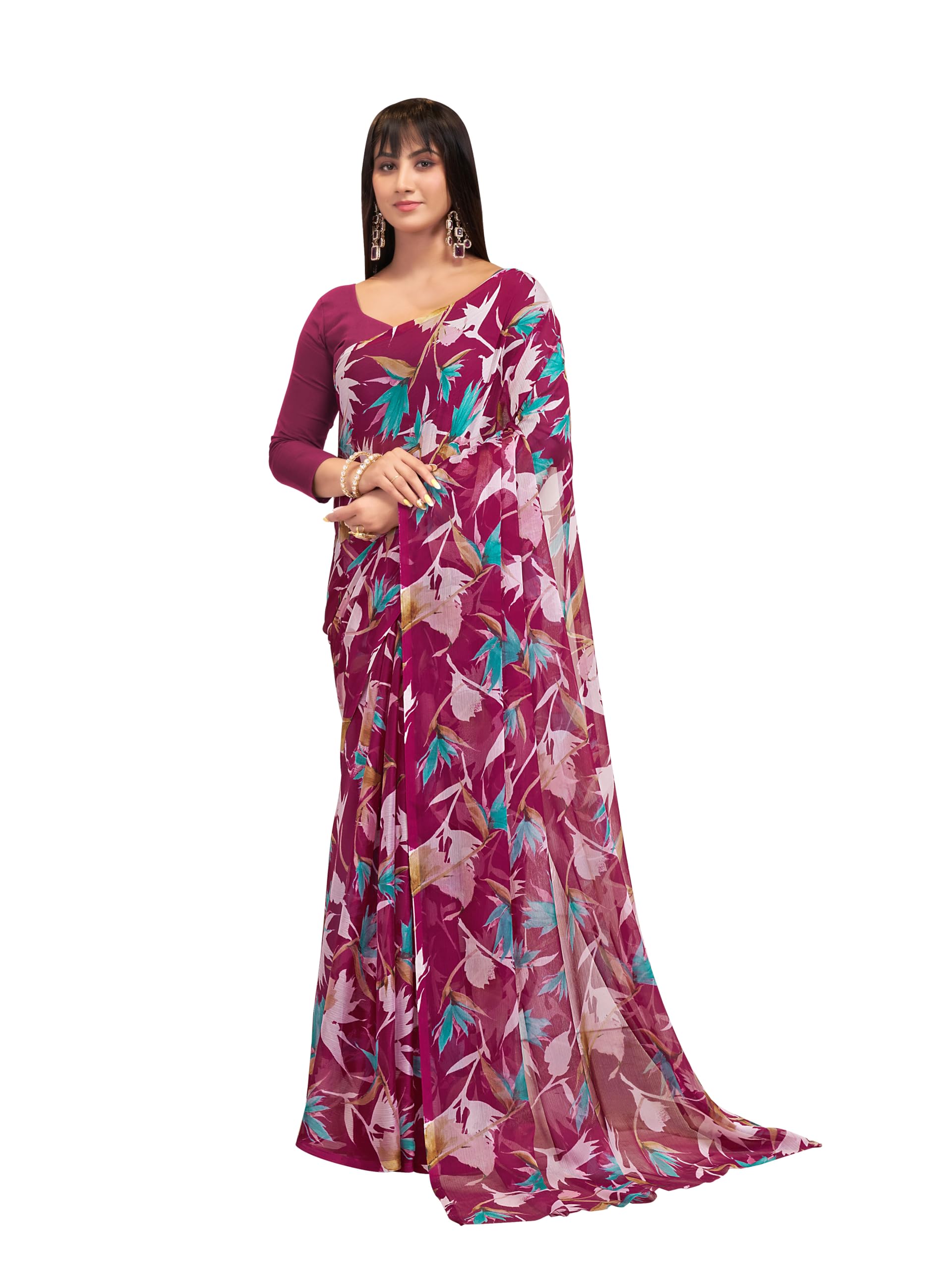Garden Vareli Women's Floral Print Nara Chiffon Saree Wine