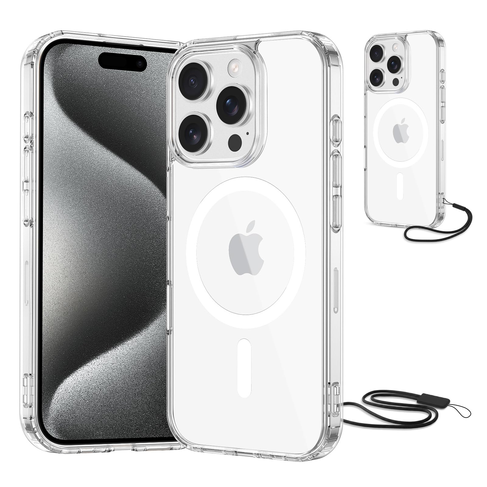 NEW'C Magnetisch Hülle für iPhone 15 Pro Max (6,7 Zoll) kompatibel mit MagSafe Ultimate, stoßfest-starker Magnetismus und militärischer Schutz-schlanke Hülle mit Umhängeband-Transparent