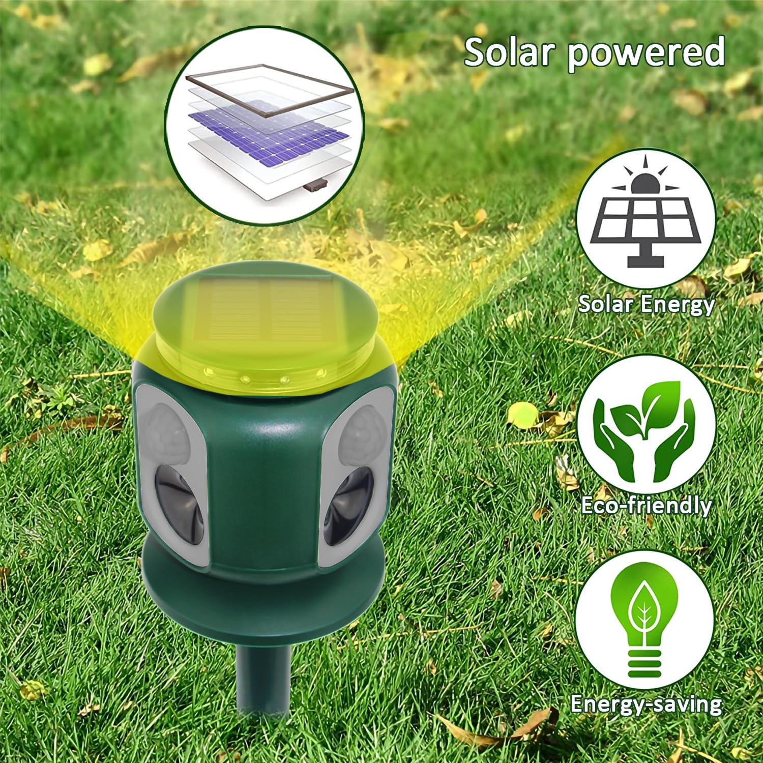 2X Repelente Solar ultrasónico de Animales con Sensor de Movimiento PIR 360°, con Doble Sistema de Carga, protección Exterior para Jardines, Patios y Granjas