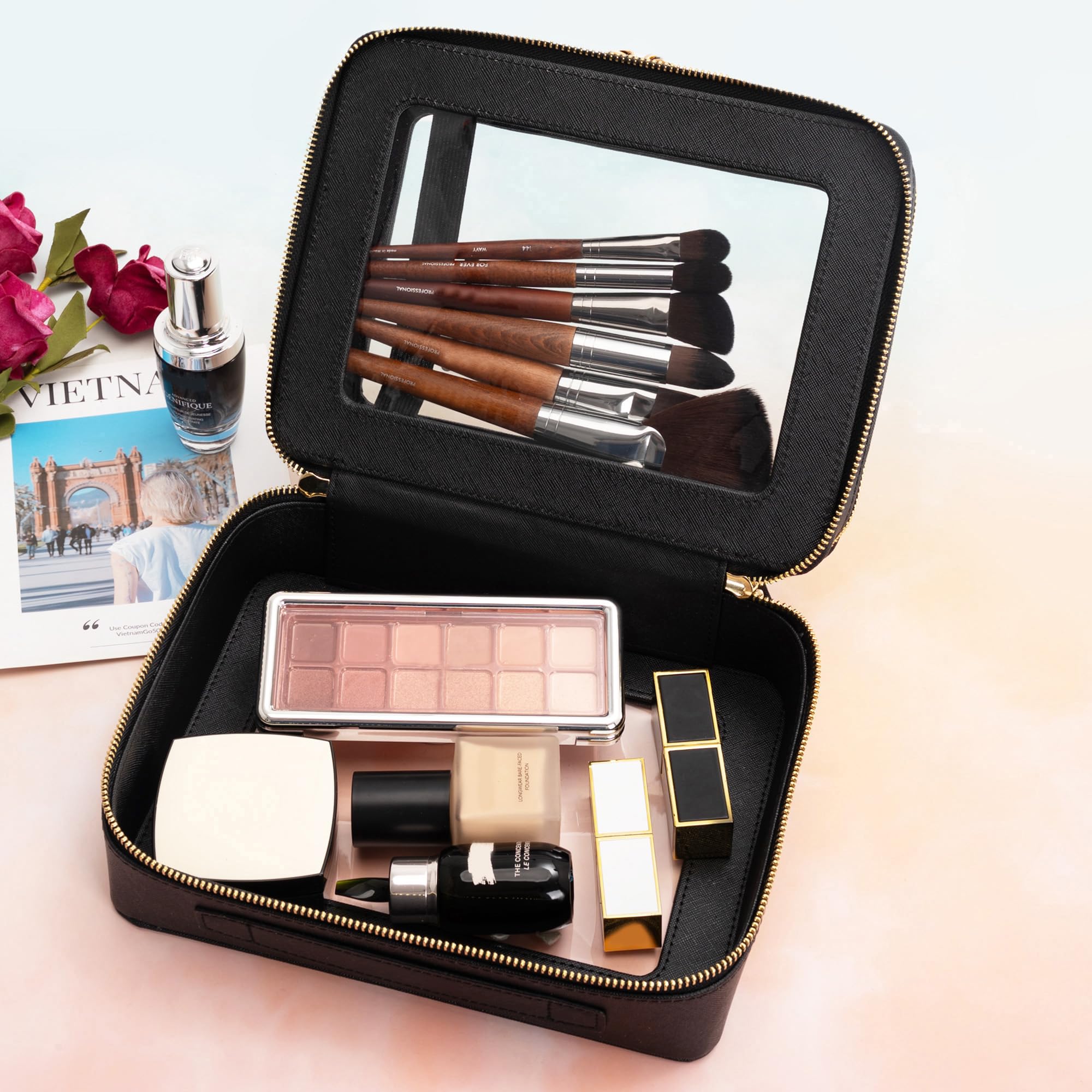 Bolsas de maquillaje transparentes grandes, bolsas de cosméticos de doble capa con un compartimento separado para cepillos, bolsa de aseo de viaje, estuche de cosméticos para mujer, organizador de