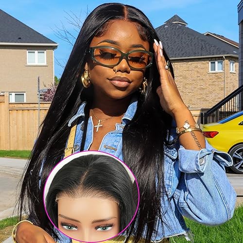 Pelucas de cabello humano lacio pre-enhebrado con encaje frontal de 4 x 4 pulgadas, densidad del 150 %, cabello virgen, pelucas para mujeres negras.