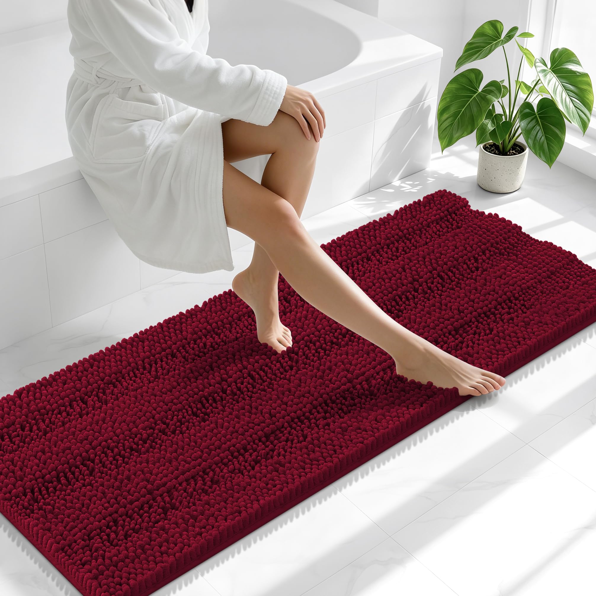 Smiry Thick Chenille Bathroom Runner Rugs 59x20, Soft Bath Mat, Burgundy