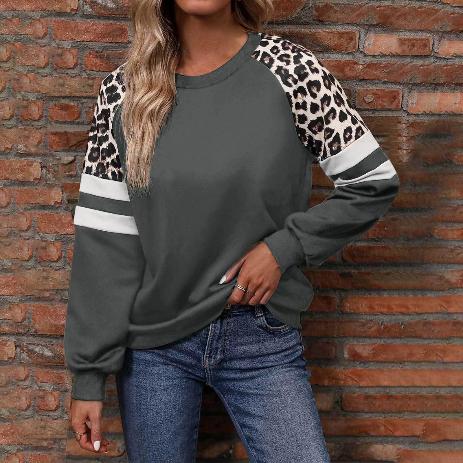 Sudadera de Manga Larga con Cuello Redondo para Mujer, con Estampado Animal, Bloques de Color, Informal, Holgada, de Polar Suave, para otoño e Invierno.