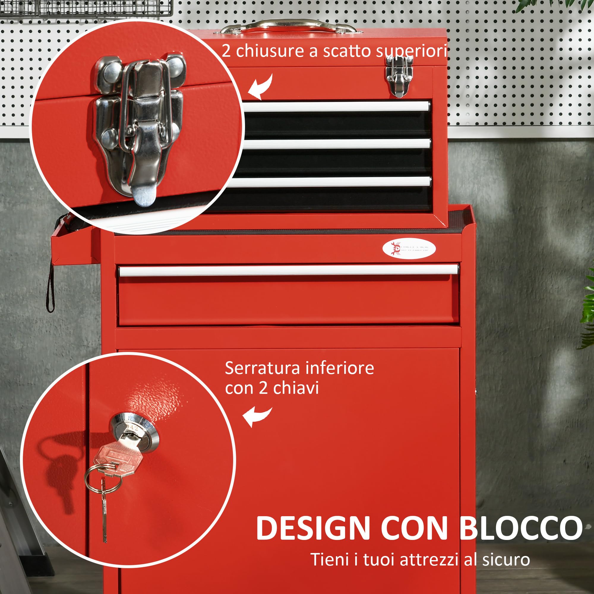 DURHAND Carrello Porta Attrezzi 2 in 1 Armadietto con Chiave Acciaio Rosso | Cassetta Portautensili Rimovibile, 4 Cassetti Totali