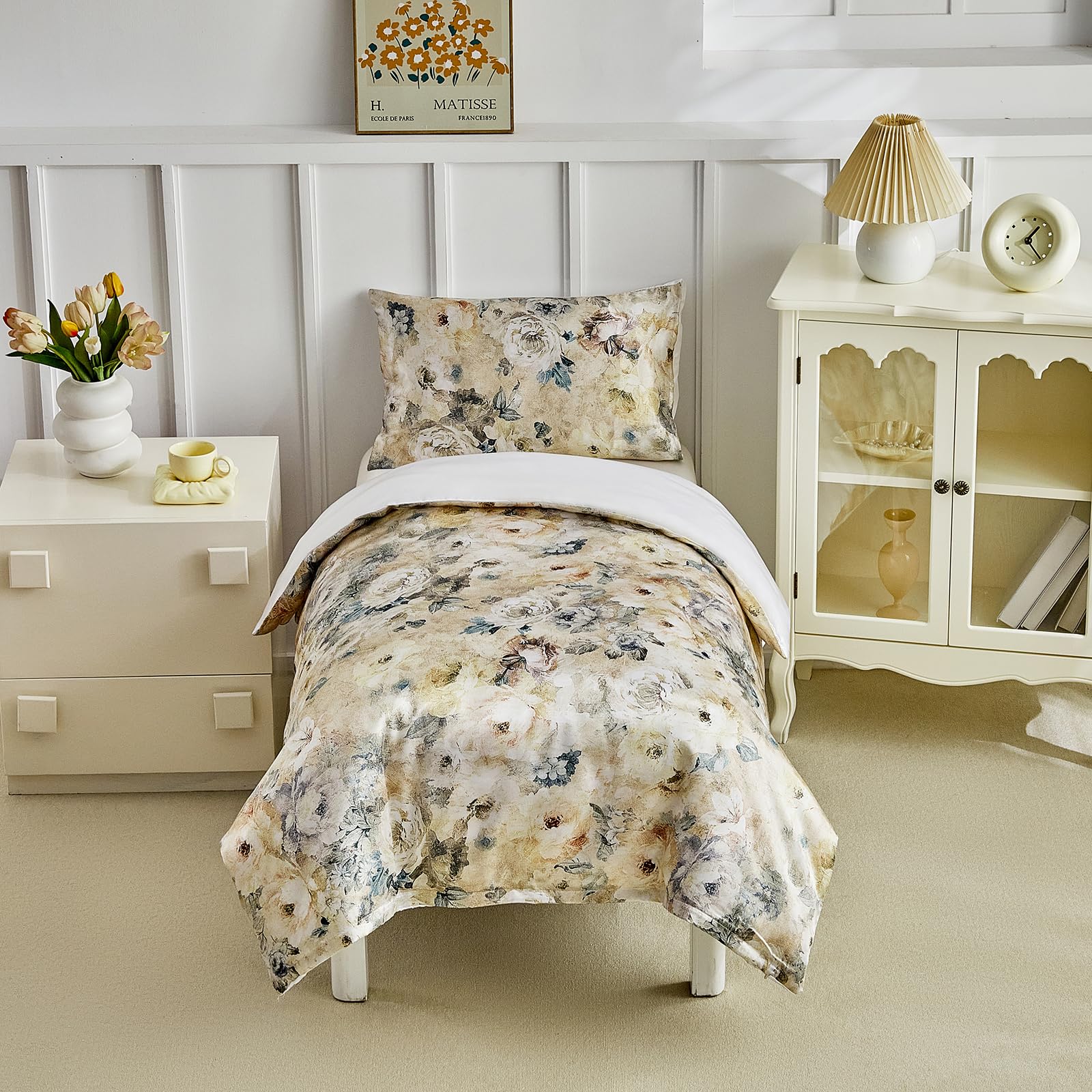 DuShow Satin Floral Cot Bed Duvet Cover Set-Toddler Duvet Cover And Pillowcase For Girls And Boys Yellow-120 X 150 cm