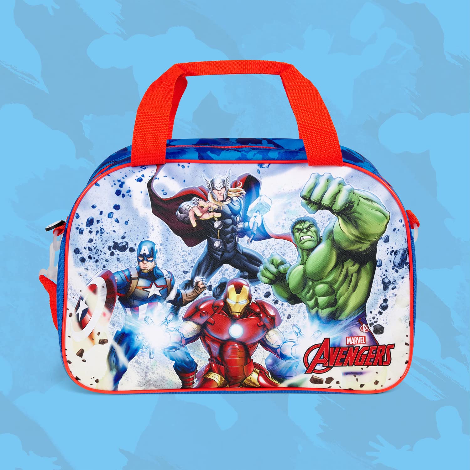 PERLETTI Borsone Palestra Bambino Marvel Avenger Blu Rosso - Borsa da Viaggio Bambini Supereroi Capiente Leggera - Borsa Sportiva Bimbo Palestra Piscina Danza Viaggi Tempo Libero - 28x41,5x21cm