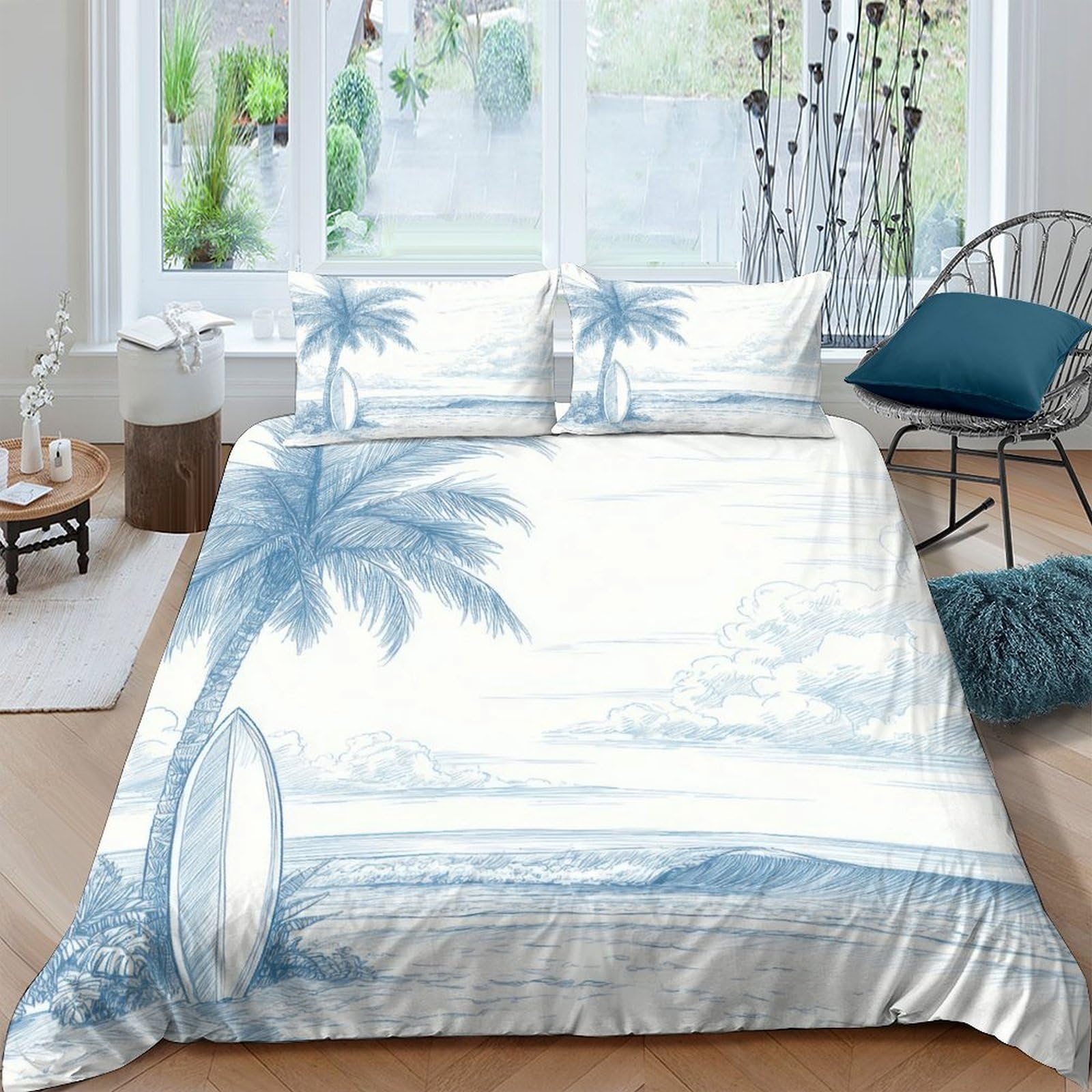 Ctjqhvkz Style-4 3D Printed Blue Palm Beach Fitted Sheet Microfiber Soft Breathable Ocean View Bed Cover For Bedroom Guest Room Decor Single（135X200cm）