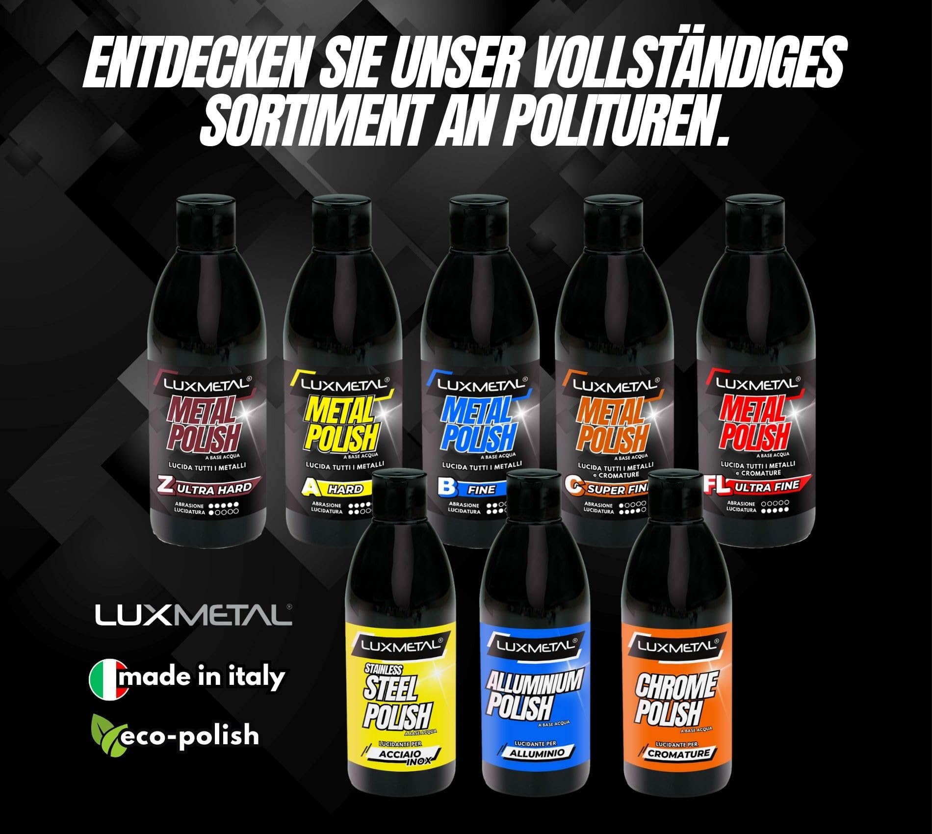 Lux Metal – Kit 5 Metallpolitur Polieren 250 g FL-A-B-C-Z ultrahart/hart/fein/S. Feine/ultrafeine Schleifpaste zum Polish Metallen Edelstahl Aluminium Messing Bronze Kupfer Karosserie Motorrad Boot