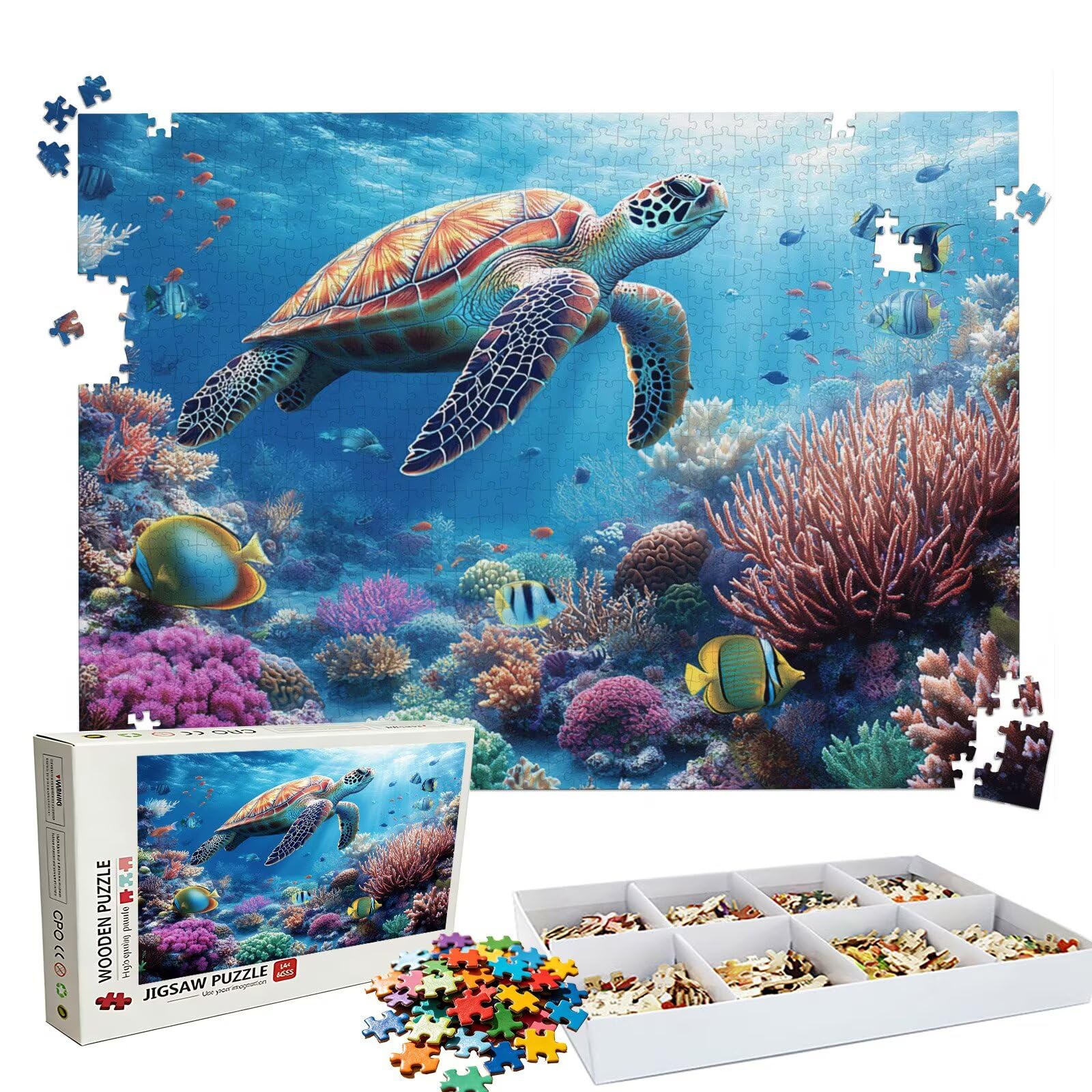 Puzzle 1000 elementów, puzzle 1000 elementów dla dorosłych, trudne puzzle, druk w wysokiej rozdzielczości i jasne kolory, drewniane puzzle żółw morze koralowe z wykwintnym pudełkiem do pakowania W3H