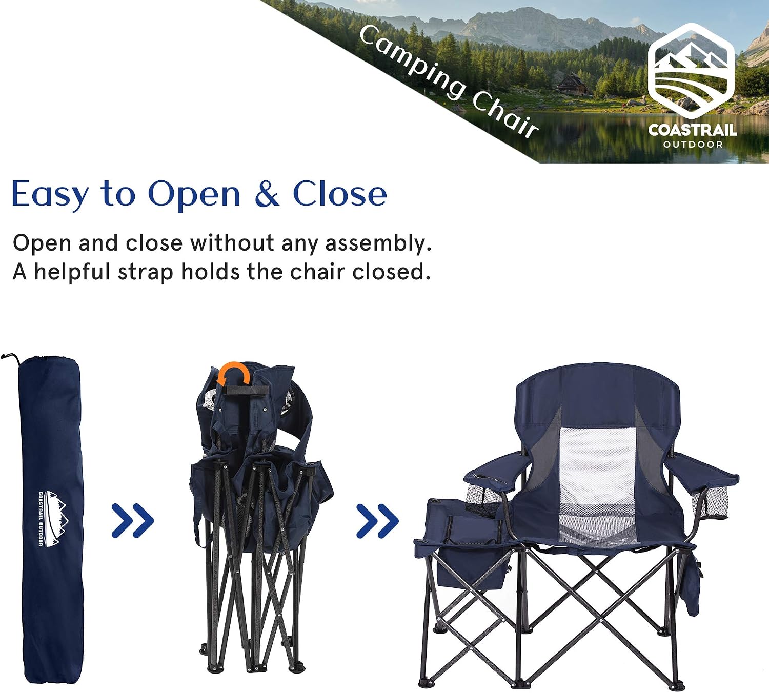 Coastrail Outdoor Folding Camping Chairs with Cooler Table Side Bag, Heavy Duty Steel 300 LBS Capacity for Adults Portable Compact Camp Chair with Cup Holder & Storage, Navy, Navy&Gray, Large