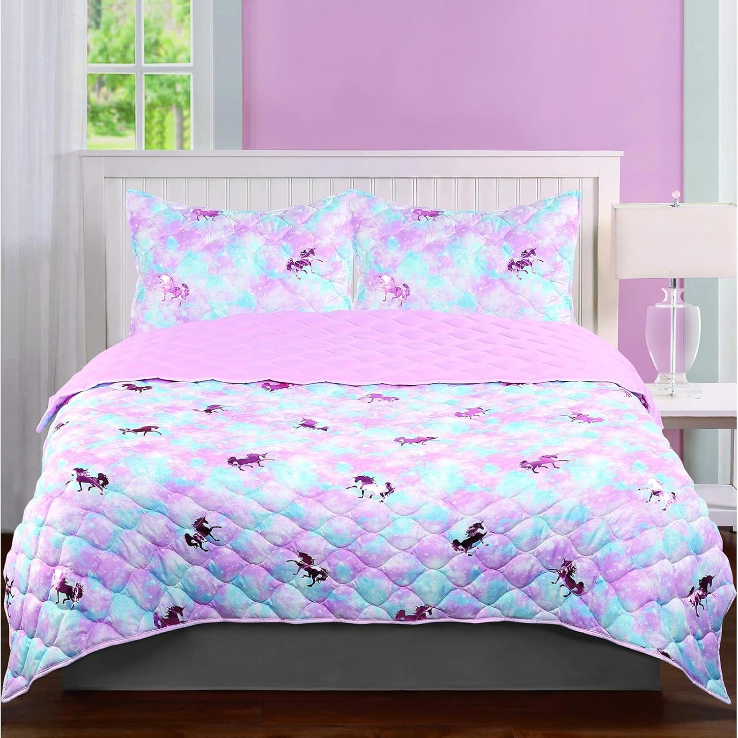 Tadpoles 3-Piece Girls Unicorn Quilt Set | 1 Twin Bed Size Quilt & 2 Standard Shams | Made of 100% Micro-denier Polyester Fiber | Soft, Smooth & Durable | Ideal for Teens | Metallic Pink Unicorns