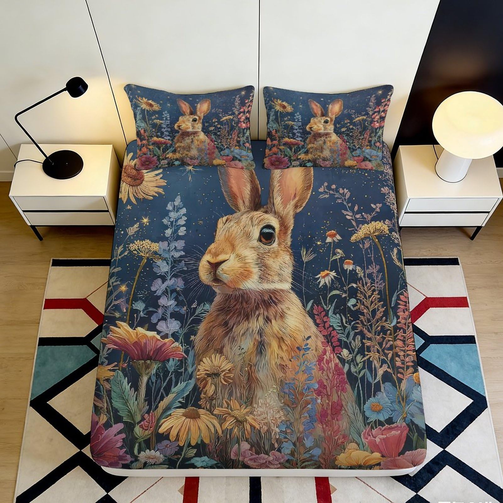 Jqzkxnhpbr Style-10 3D Printed Vintage Rabbit Fitted Sheet Microfiber Floral Meadow Bed Cover Anti-Slip Washable For Bedroom Dorm Decor 90X200x25cm