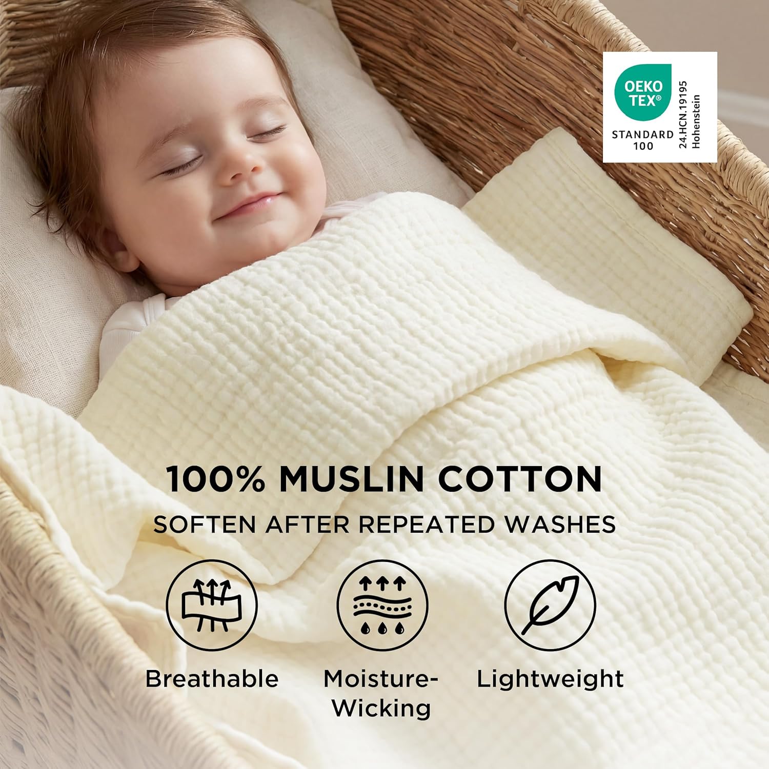 bedsure 100% cotton muslin blankets for adults large throw 50x70 inches - 4-layer breathable and lightweight, soft boho gauze muslin cotton blanket for couch decor travel summer, cream 06 - cream throw xl (50" x 70")