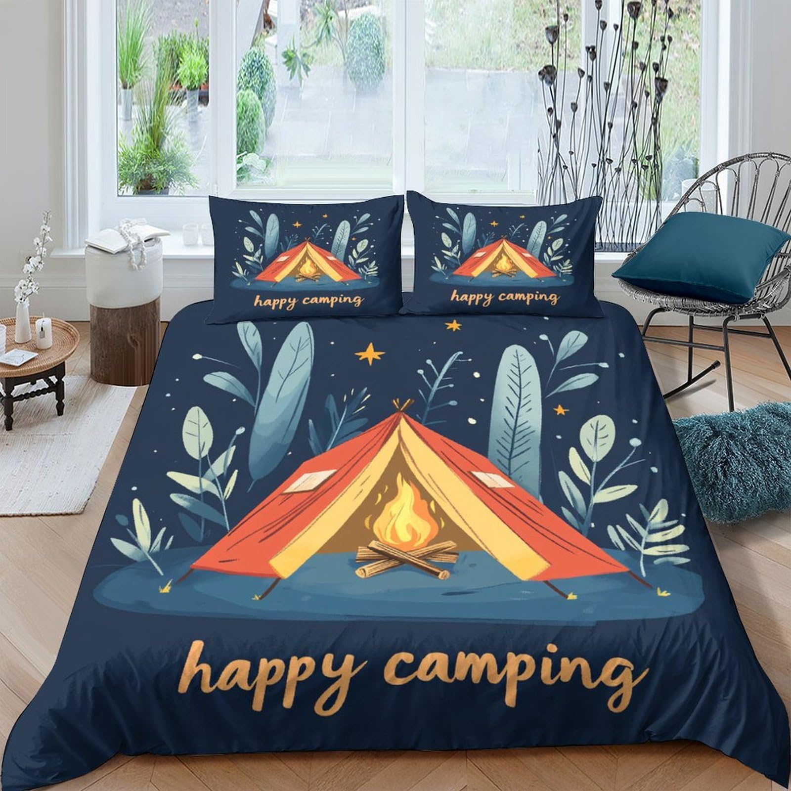 Ctjqhvkz Style-4 3D Printed Camping Tent Fitted Sheet Microfiber Soft Navy Forest Campfire Bed Cover For Bedroom Guest Room Decor Single（135X200cm）