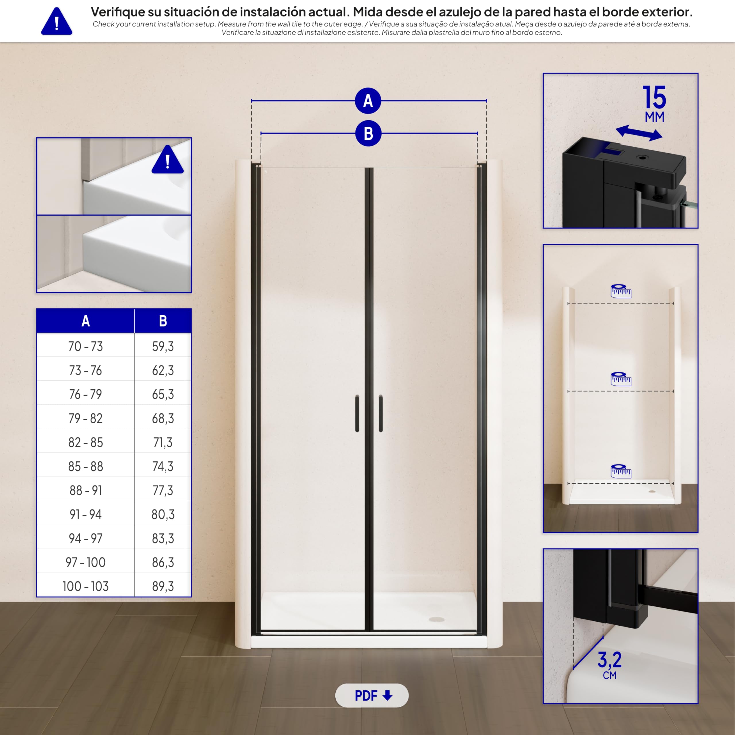 Mampara de ducha 94x190 cm rango de ajuste de 94-97 cm, altura: 190 cm, vidrio de seguridad ESG con nano transparente de 6 mm con perfiles de aluminio negro - BC