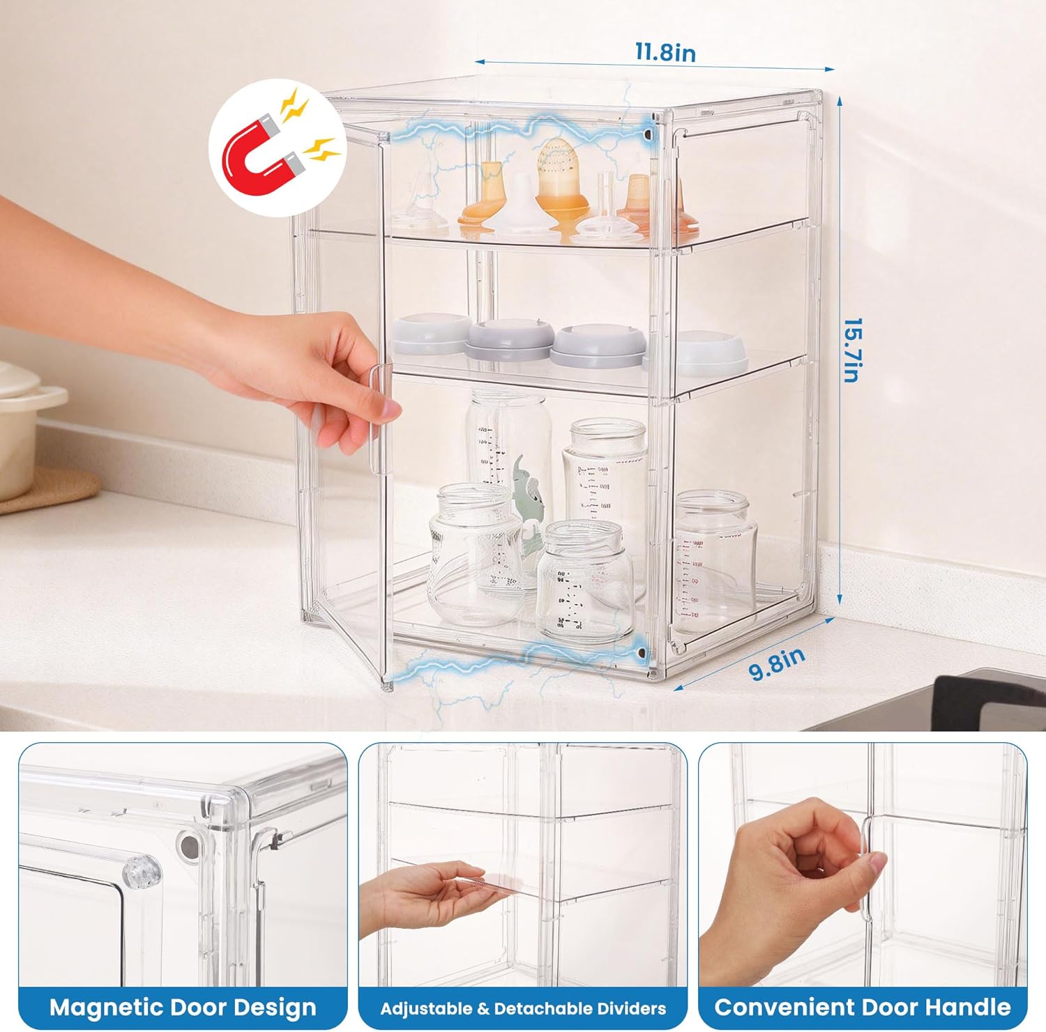 yanyoyo Baby Bottle Storage Organizer - 3 Tier Acrylic Storage Containers with 2 Removable Dividers, Clear Adjustable Baby Bottle Station Organizer for Countertop Cabinet, BPA-Free (3 Layer, Clear)