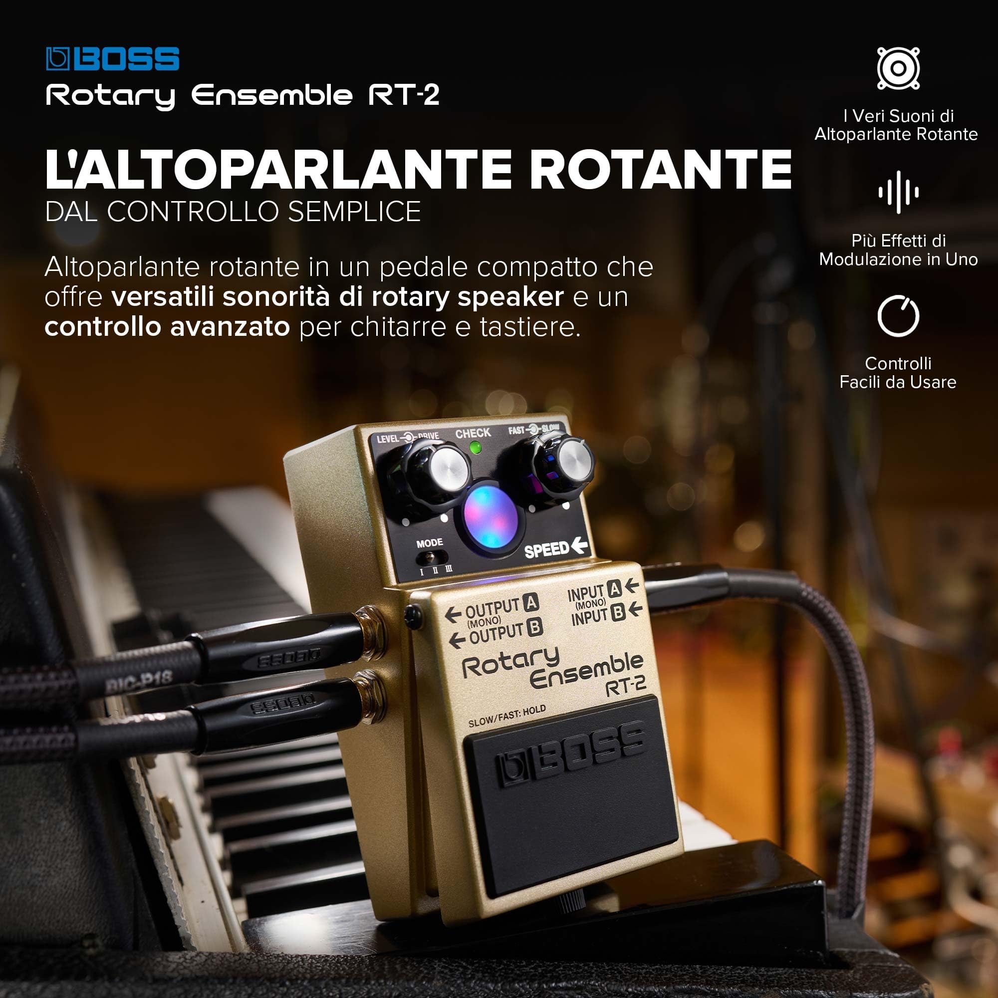 BOSS RT-2 | Pedale Compatto Rotary Ensemble | I veri suoni di altoparlante rotante | Dedicato alla chitarra e alle tastiere | 3 modalità versatili | Vari effetti di modulazione in uno