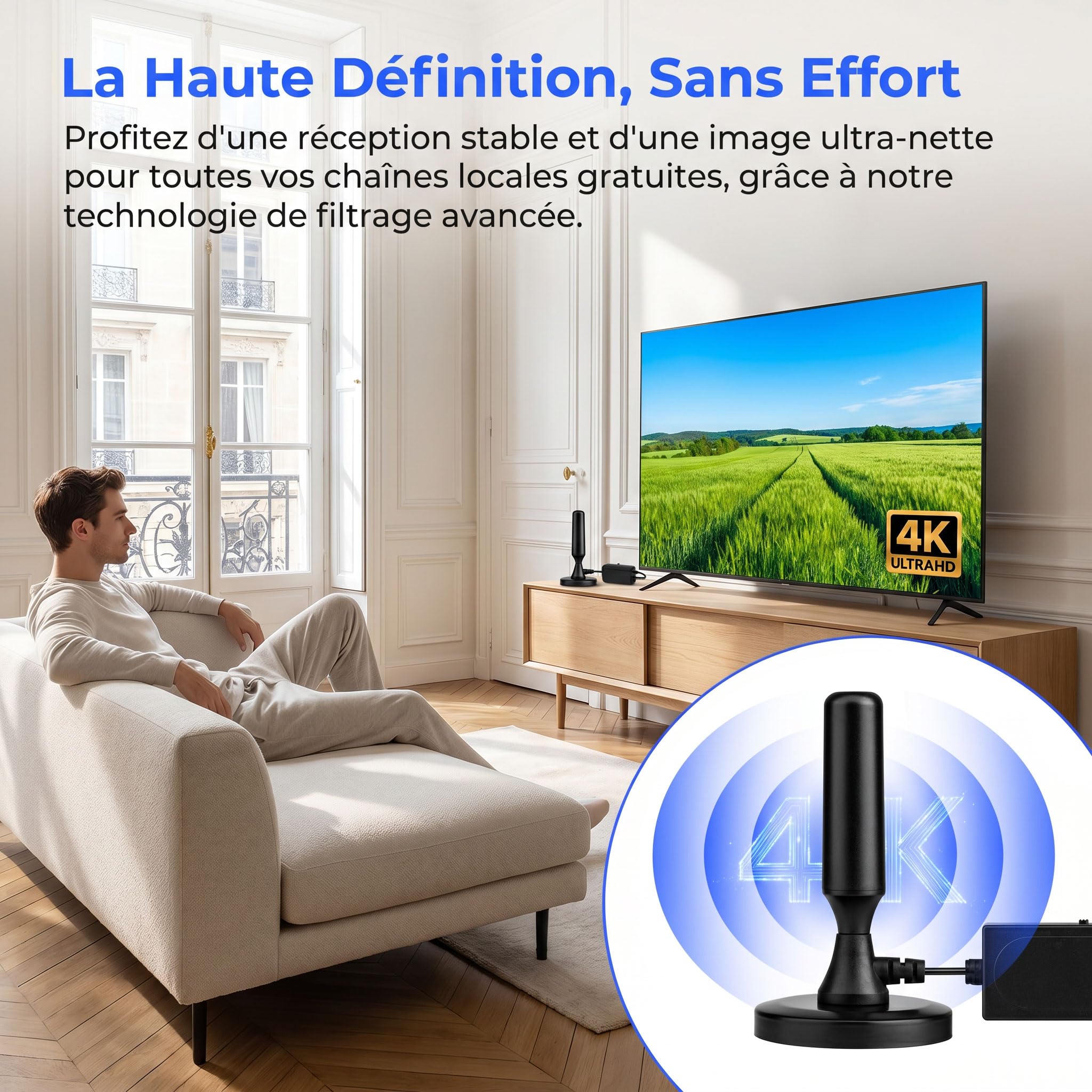 Antenne TV Intérieur Puissante 2026, Antenne TNT Intérieur Amplifiée 360° pour Smart TV, Amplificateur Signal 500km, Chaînes Gratuites 4K 1080P HD, Base Magnétique, Câble 3M